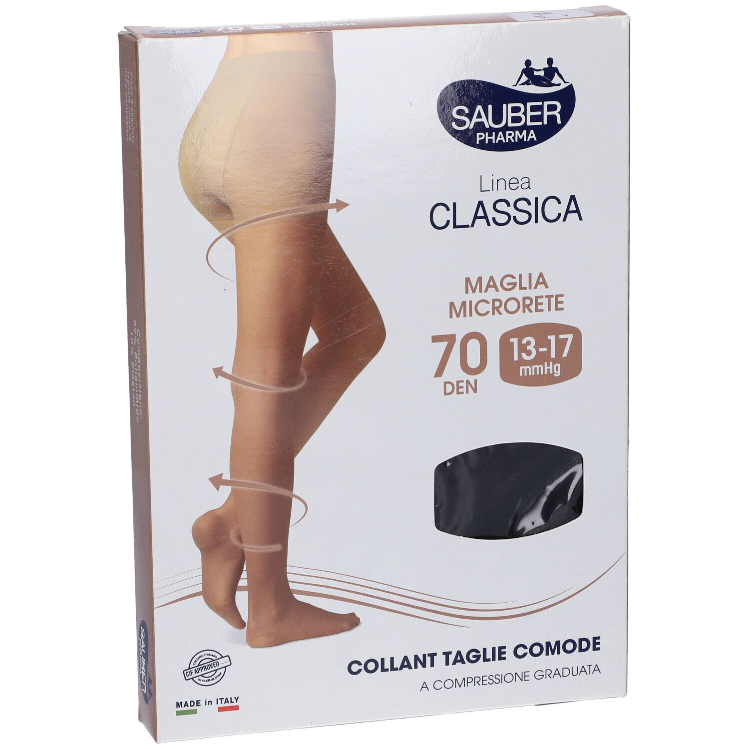 Collant nero in confezione. Marca Sauber Pharma, modello Linea Classica, 70 DEN, 13-17 mmHg. Tessuto Microrete.