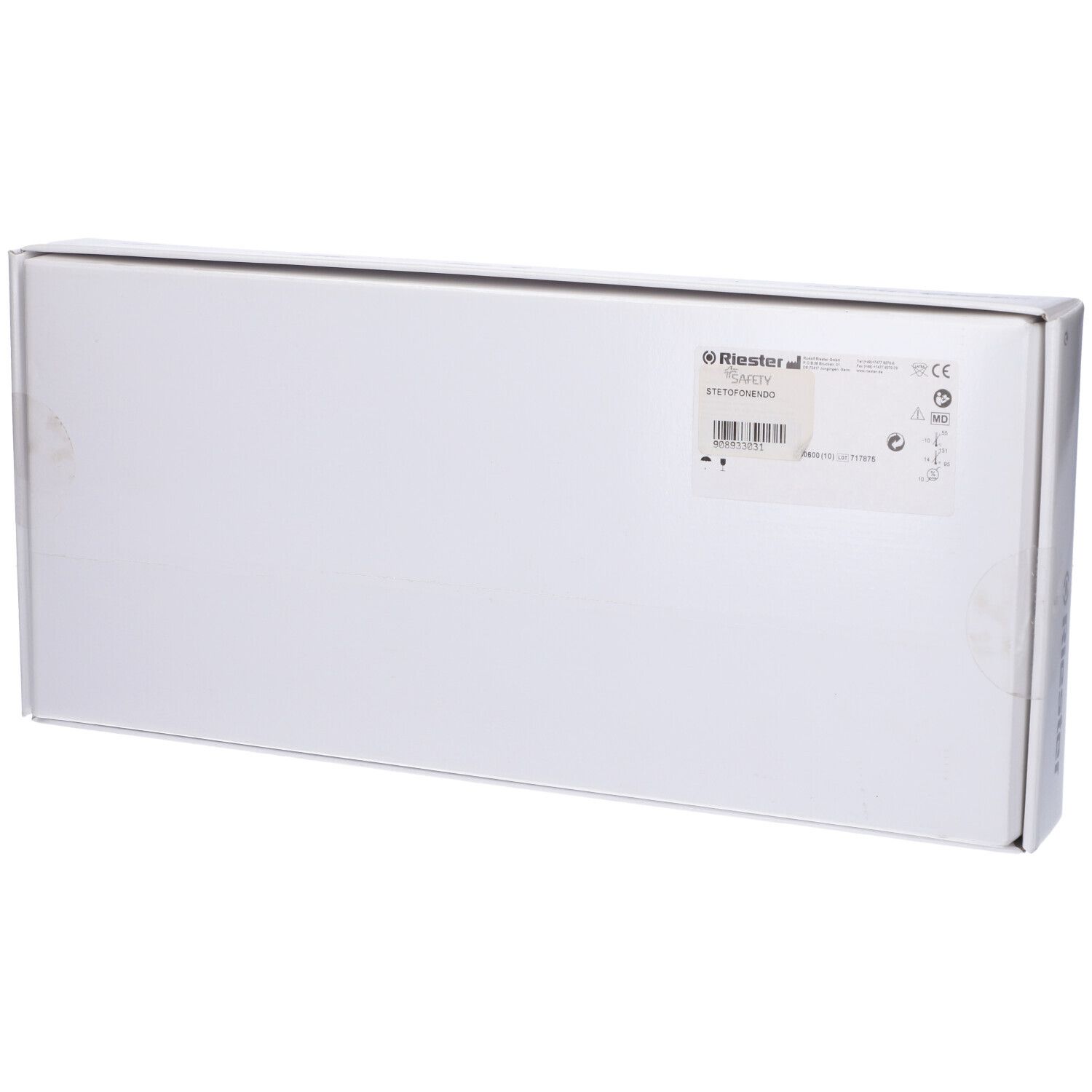 Confezione rettangolare bianca con logo Riester ed etichetta. Testo e codice a barre.
