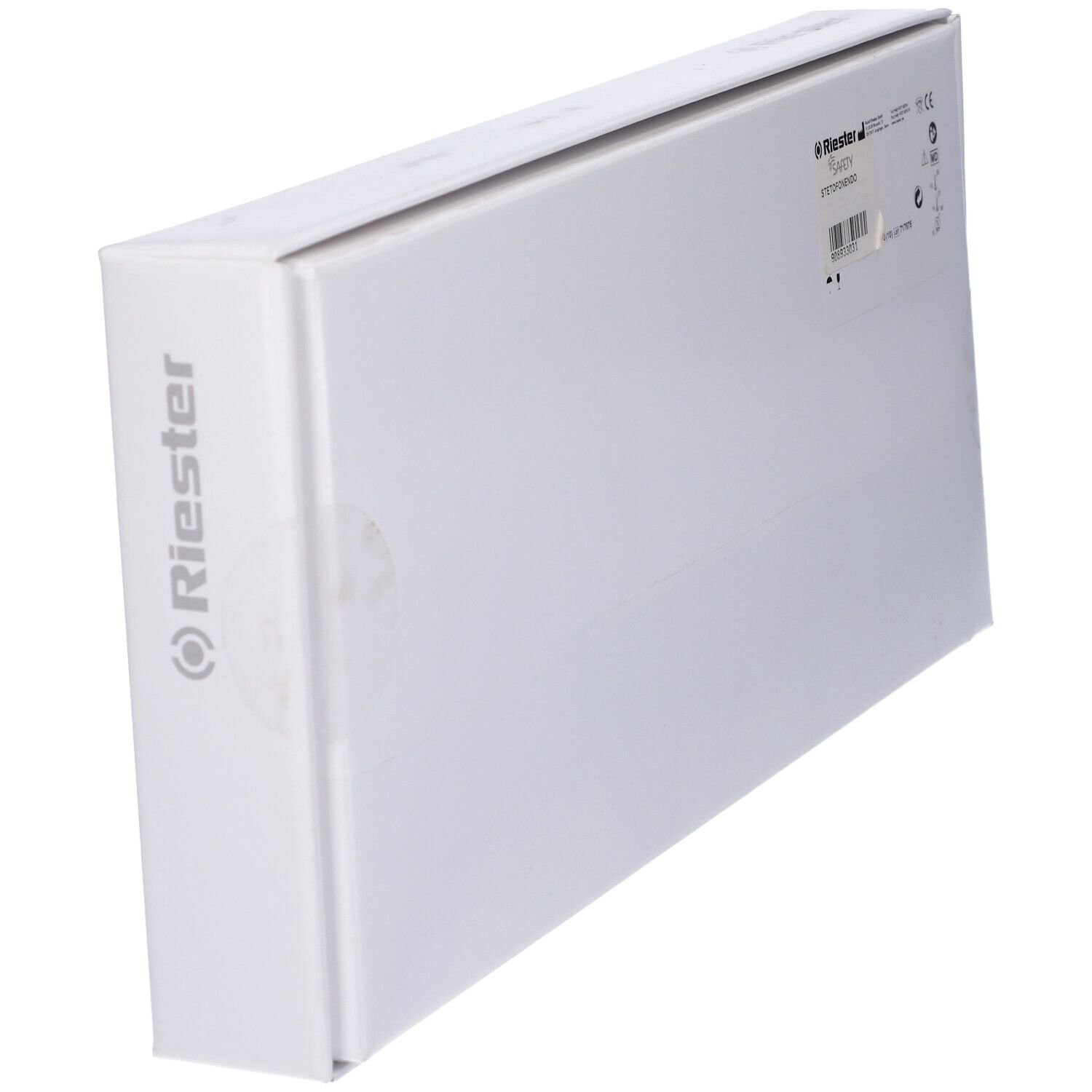 Confezione rettangolare bianca, in diagonale. Logo Riester ed etichetta.