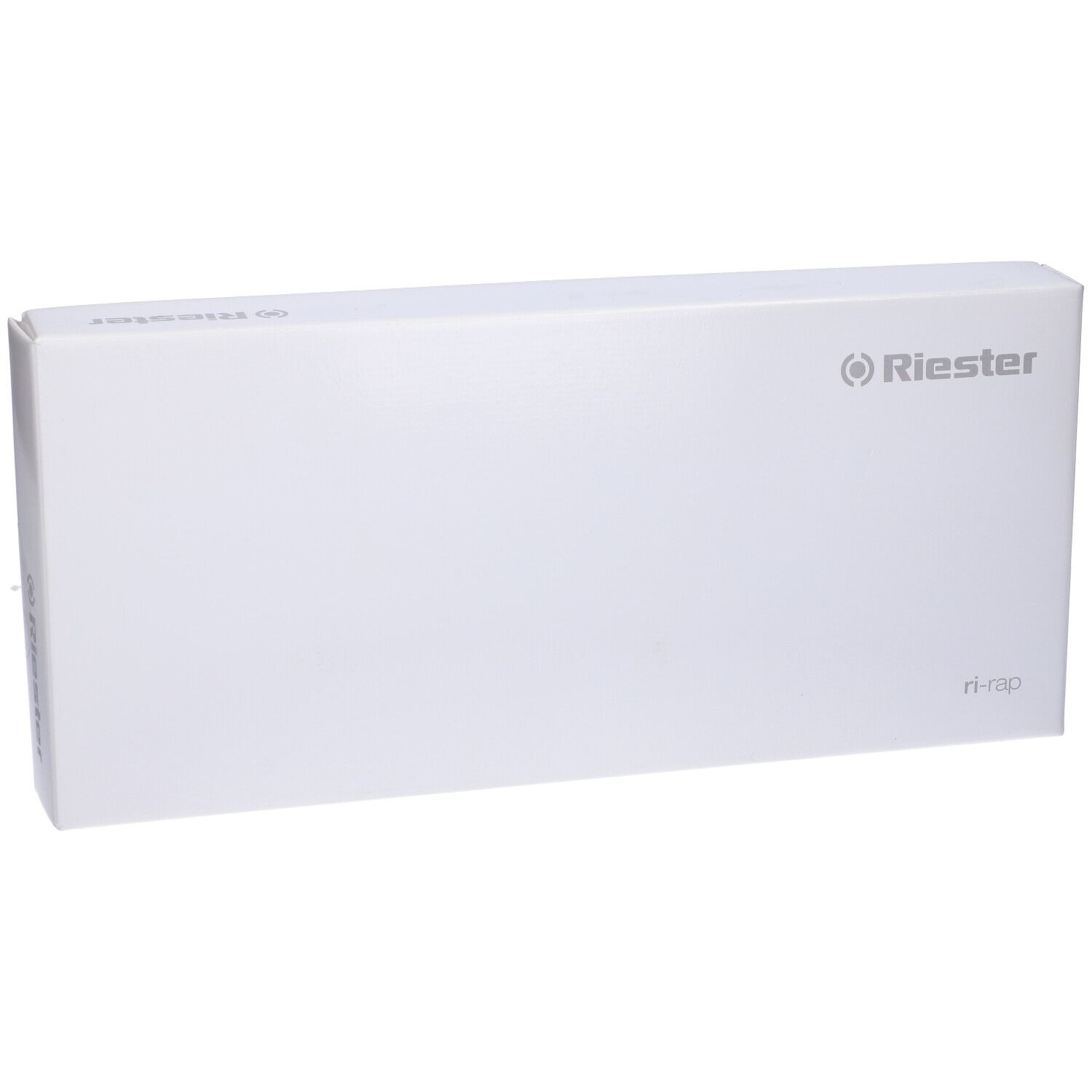 Confezione rettangolare bianca con logo Riester e scritta "ri-rap".