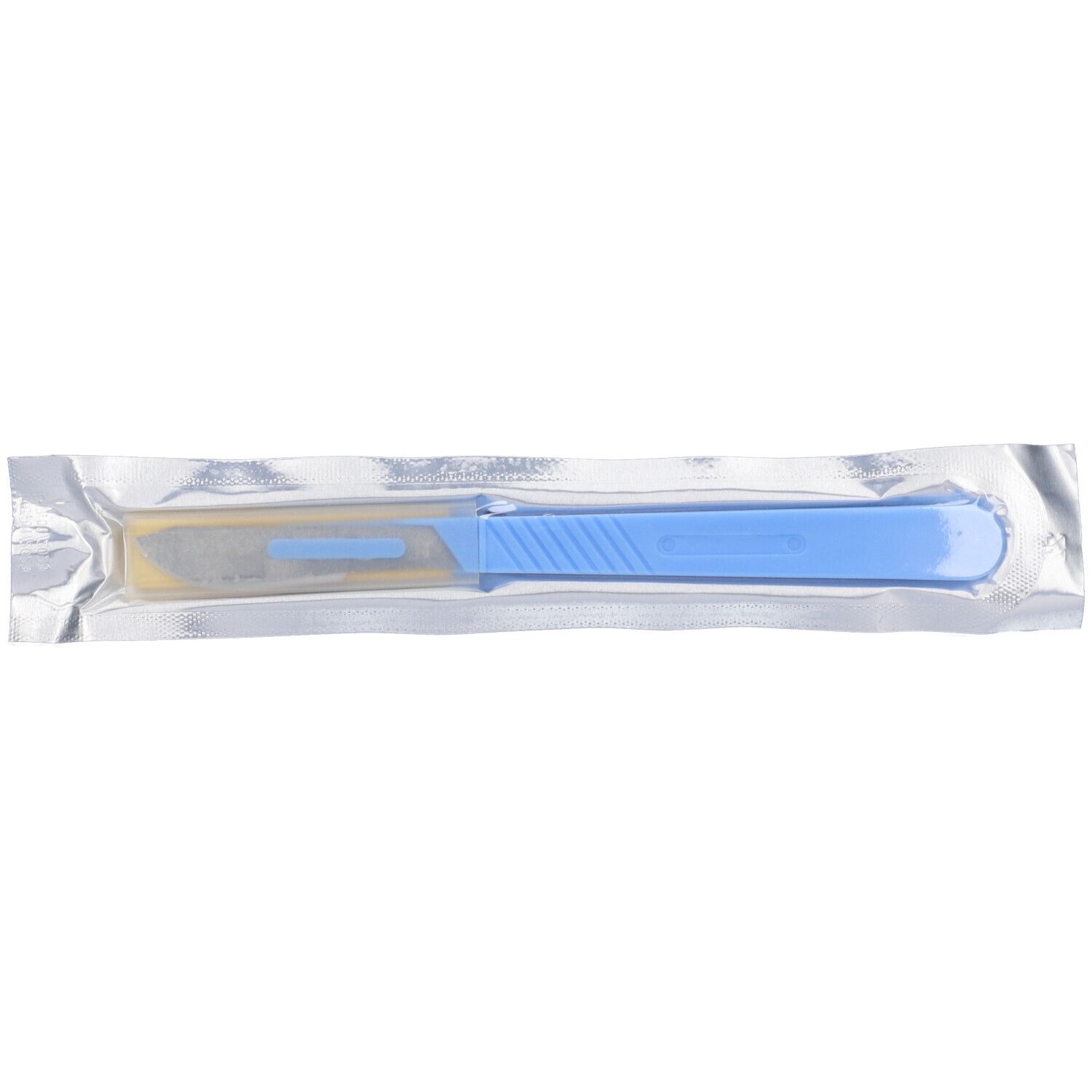 Bisturi sterile in confezione di plastica. Manico blu, lama argentata.