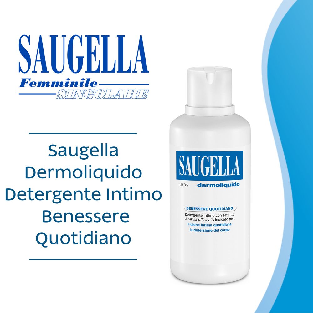 Prodotto Saugella Dermoliquido. Flacone con etichetta blu. Logo: Saugella Feminine-Singolare. Testo: Detergente Intimo.