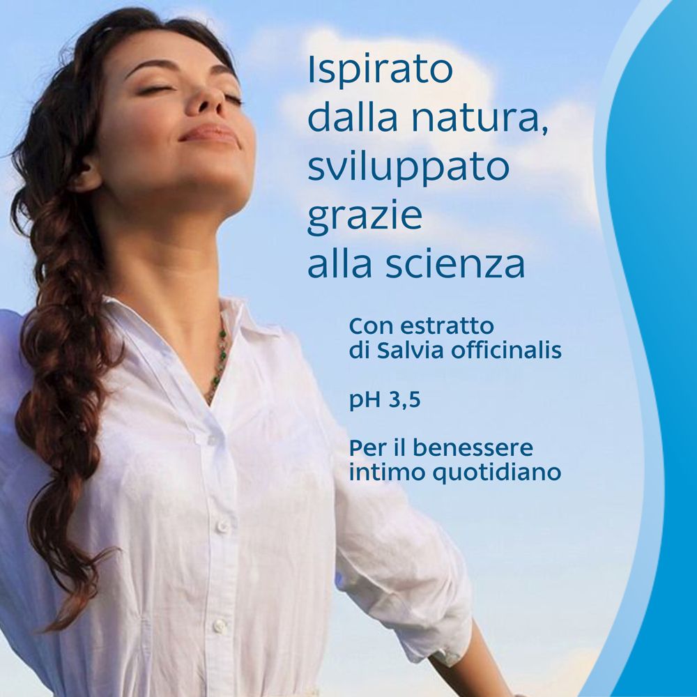 Donna che respira profondamente. Testo: Ispirato dalla natura, sviluppato grazie alla scienza. Con estratto di Salvia officinalis.
