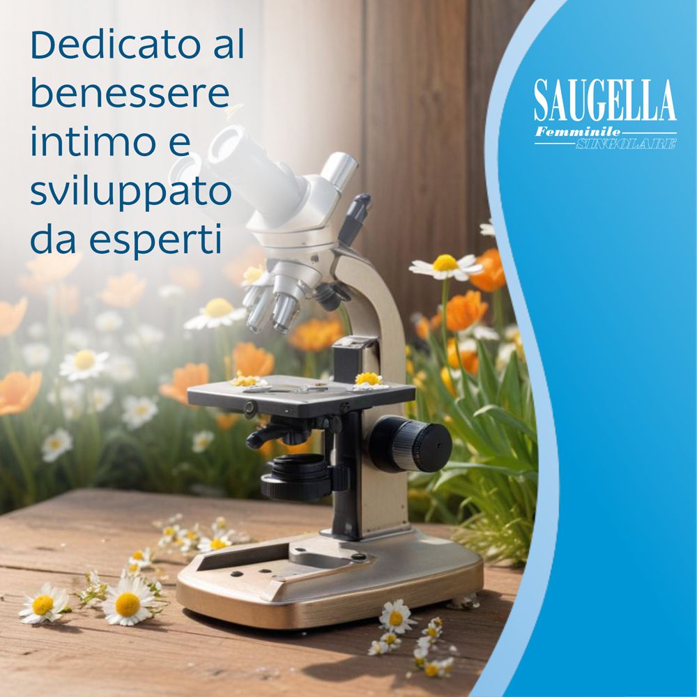 Microscopio su superficie in legno. Testo: Dedicato al benessere intimo e sviluppato da esperti. Logo Saugella.