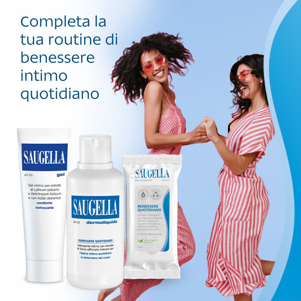 Tre prodotti Saugella: gel, flacone, salviette. Due donne ridono. Testo: Completa la tua routine quotidiana.