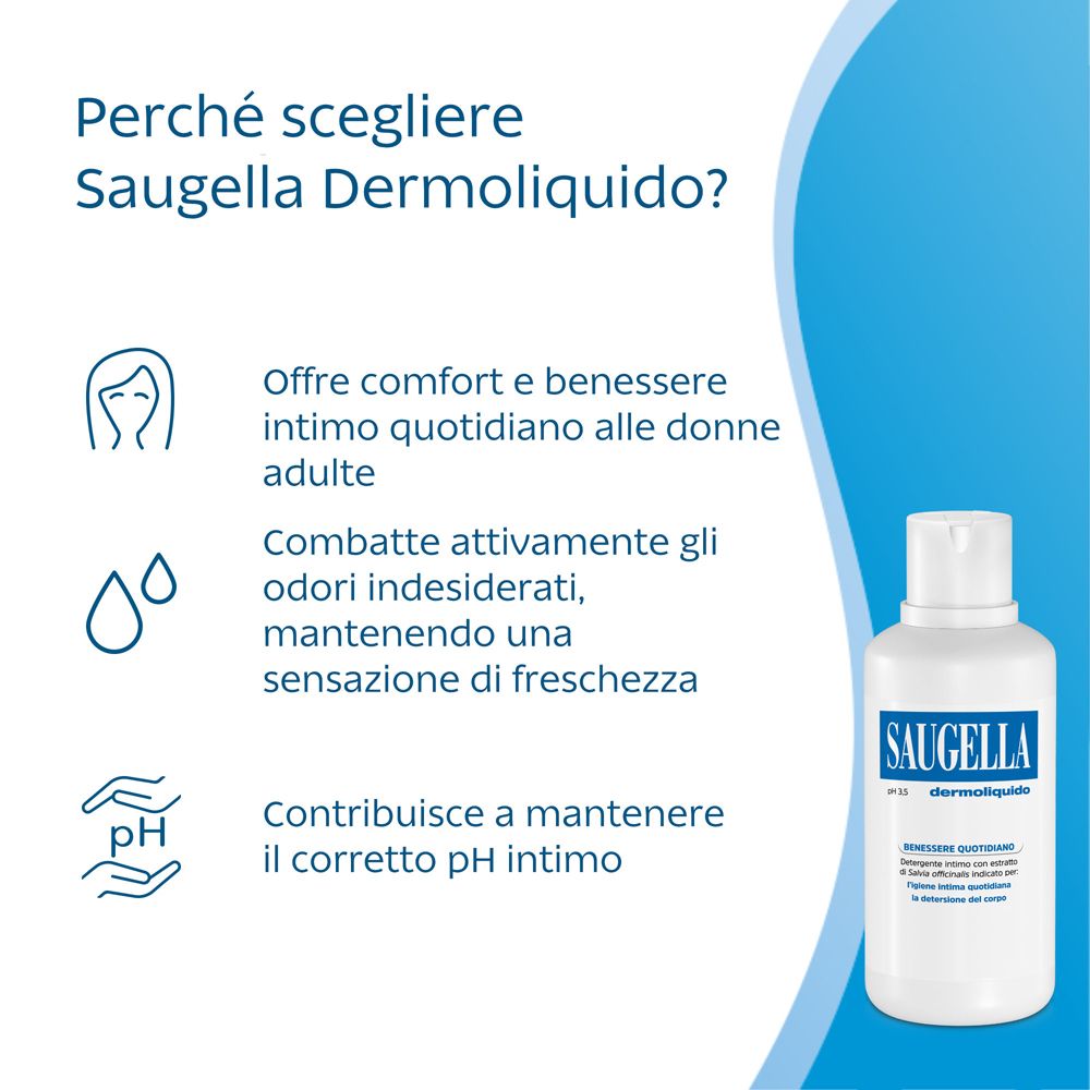 Flacone SAUGELLA Dermoliquid accanto a icone e testo in italiano.