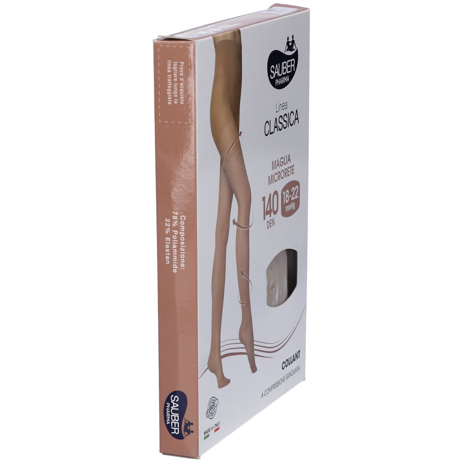 Confezione di Sauber Collant, vista laterale. Marchio e nome del prodotto visibili. Informazioni sul materiale.