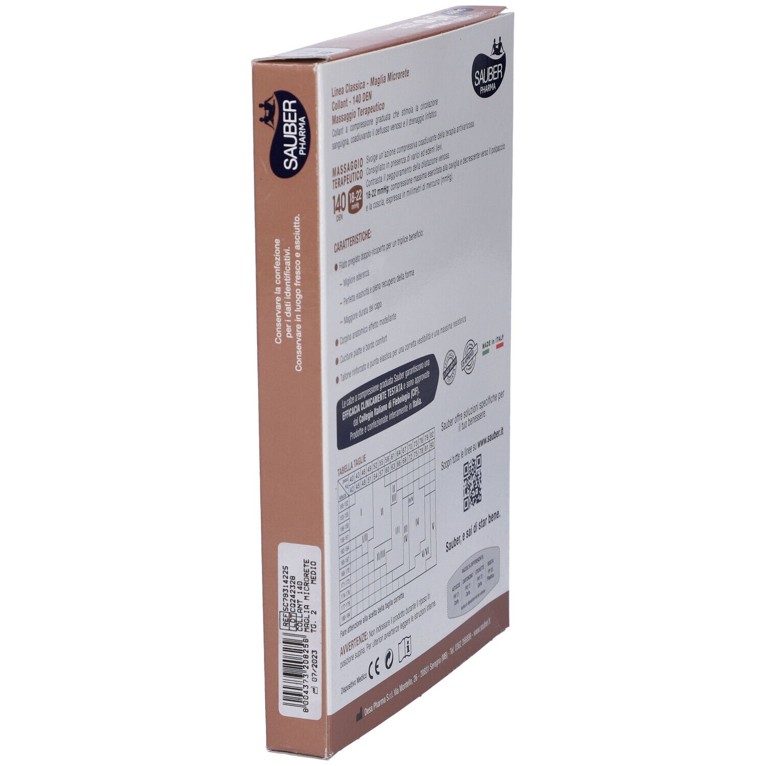 Vista laterale della confezione di Sauber Collant. Informazioni sul prodotto e codice QR visibili.