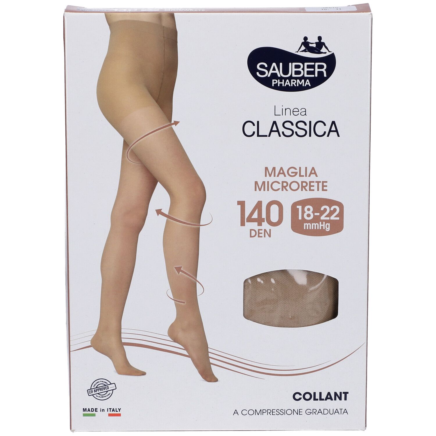 Confezione di Sauber Collant. Marchio e nome del prodotto visibili. Collant beige raffigurato.