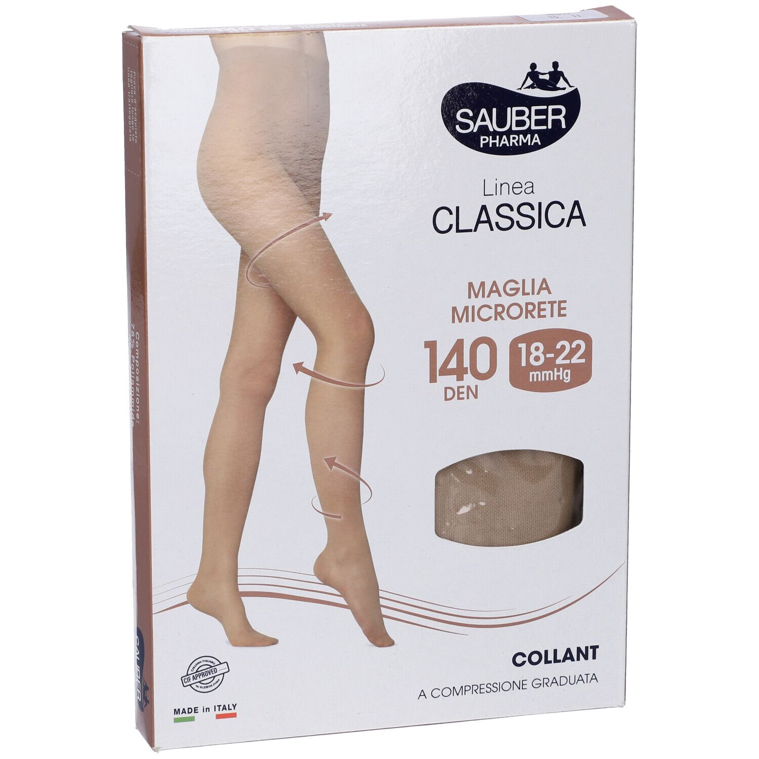 Confezione di Sauber Collant. Marchio e nome del prodotto visibili. Collant beige raffigurato.