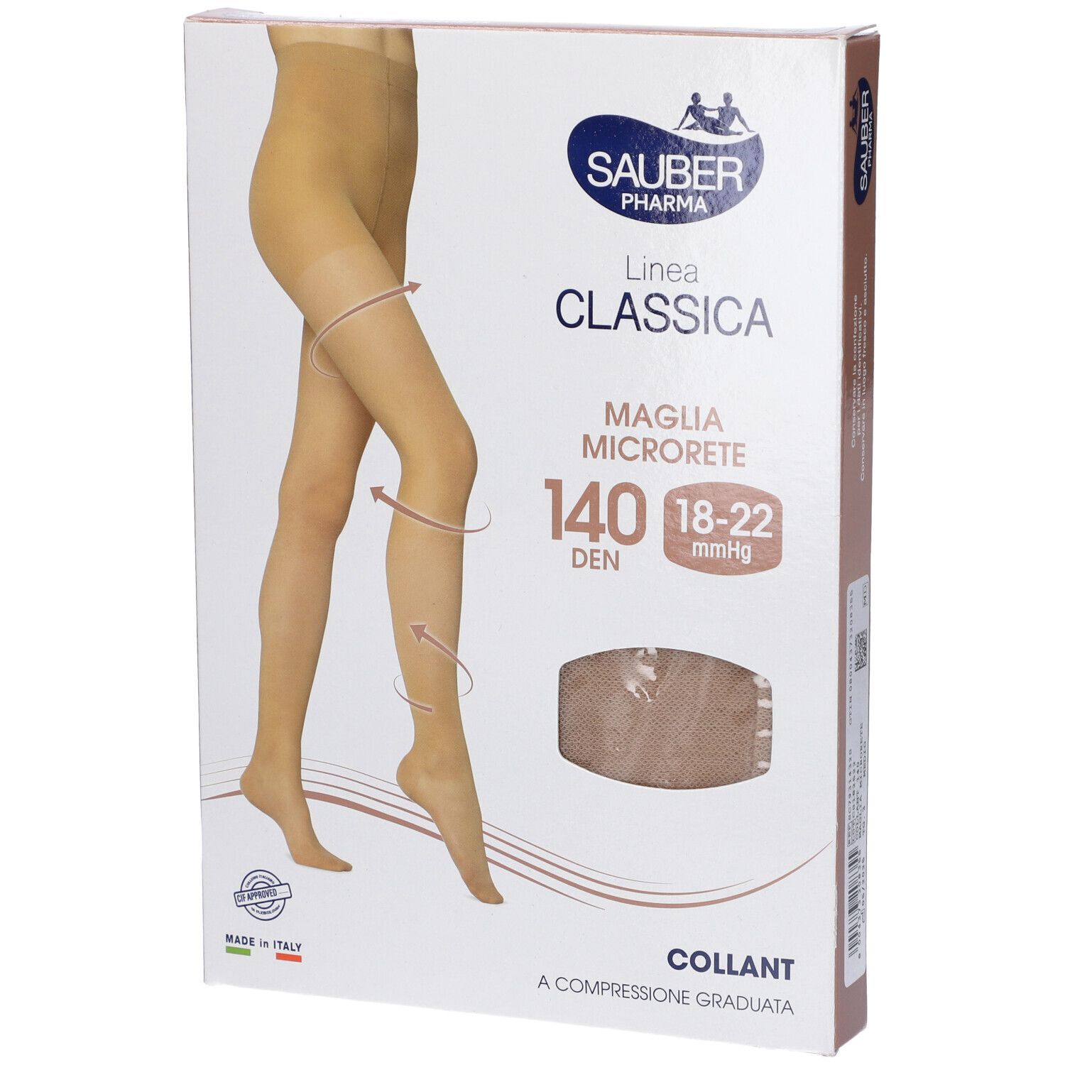 Vista laterale della confezione. Sauber Pharma, Linea Classica, Maglia Microrete, 140 Den, 18-22 mmHg. Collant beige illustrato.