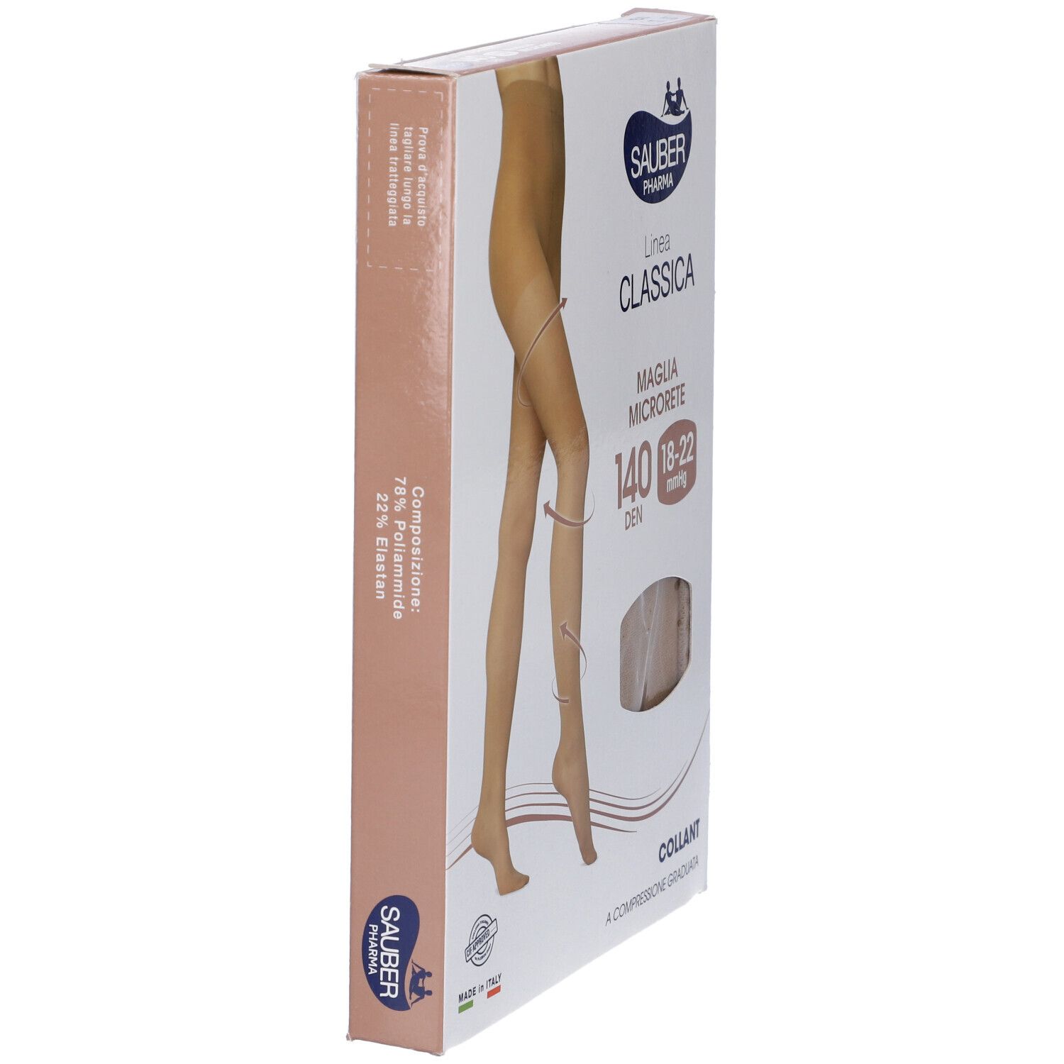 Vista laterale della confezione. Sauber Pharma, Linea Classica, Maglia Microrete, 140 Den, 18-22 mmHg. Collant beige illustrato.