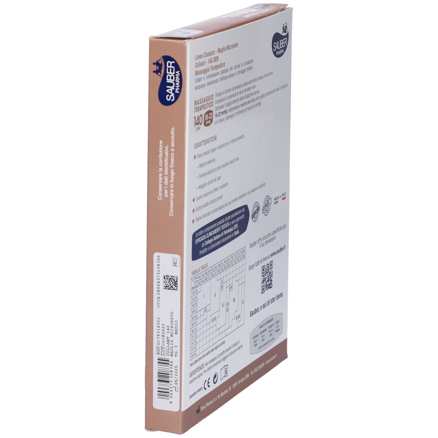 Vista laterale della confezione. Sauber Pharma, Linea Classica, Maglia Microrete, 140 Den, 18-22 mmHg. Testo e codice a barre.