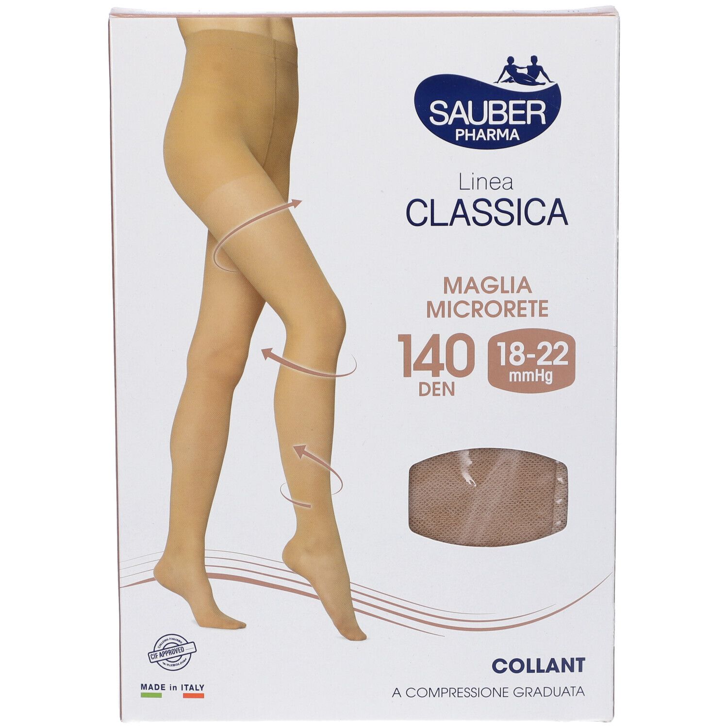 Confezione collant Sauber Pharma, Linea Classica, Maglia Microrete, 140 Den, 18-22 mmHg. Collant beige illustrato.