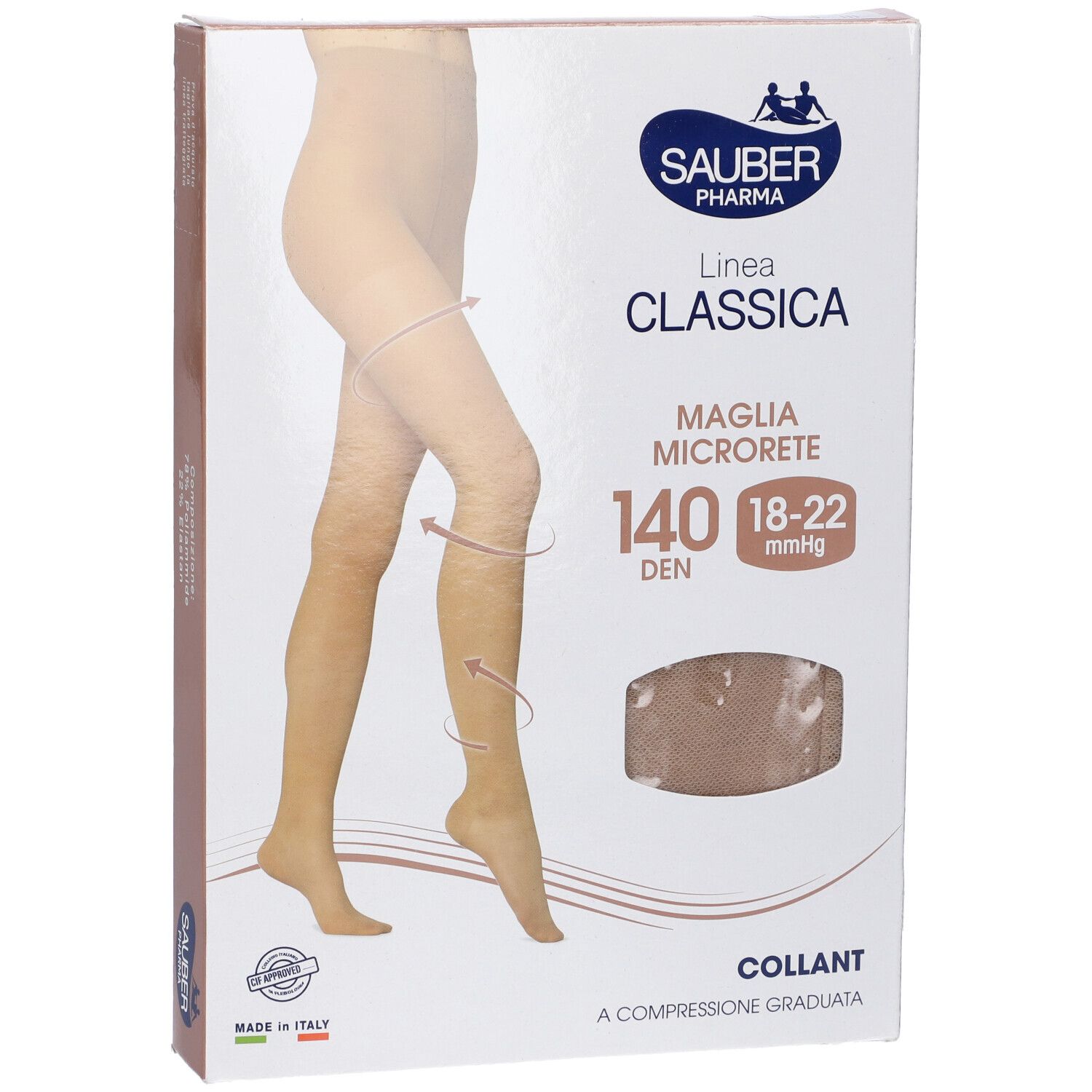 Confezione collant Sauber Pharma, Linea Classica, Maglia Microrete, 140 Den, 18-22 mmHg. Collant beige illustrato.