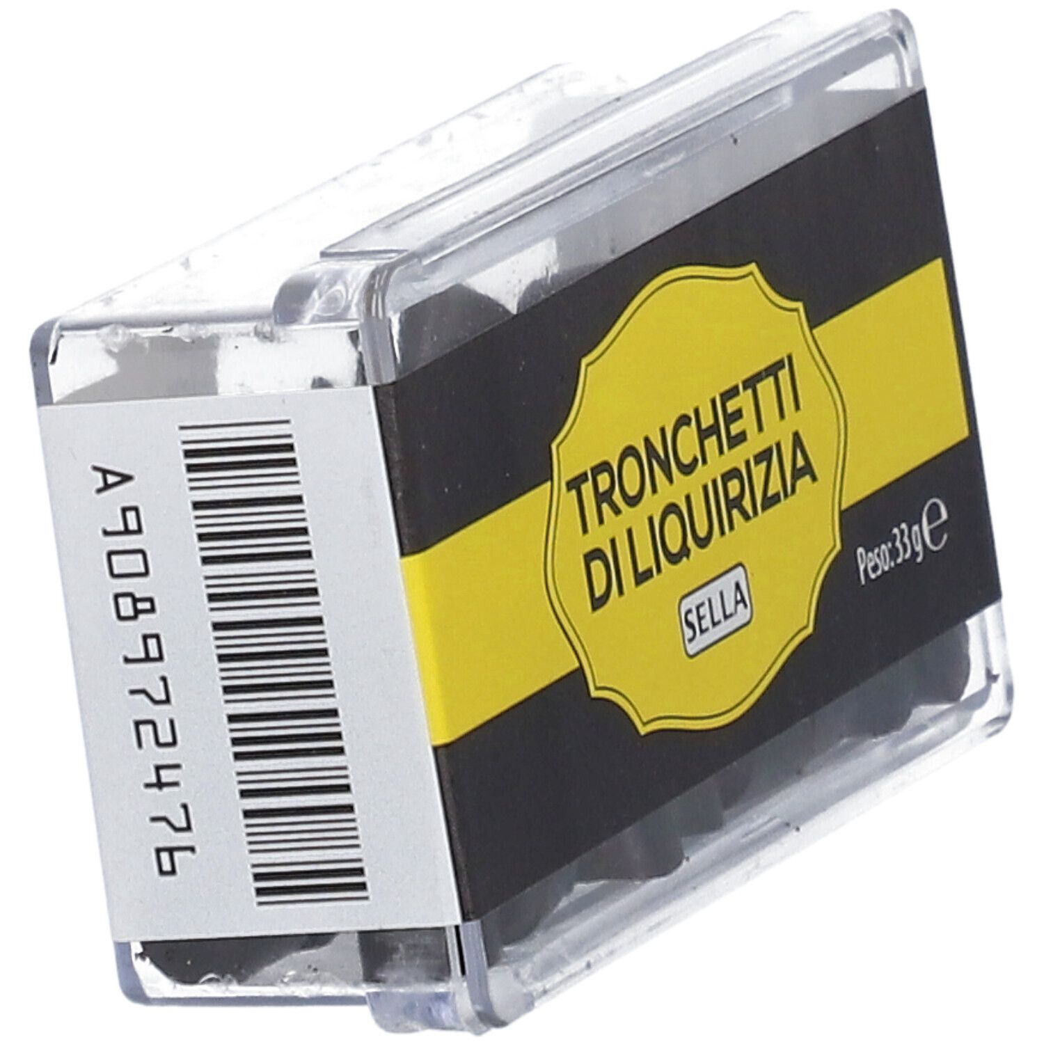 Scatola trasparente con Tronchetti di Liquirizia neri. Etichetta gialla con testo e marchio Sella. Codice a barre e informazioni.