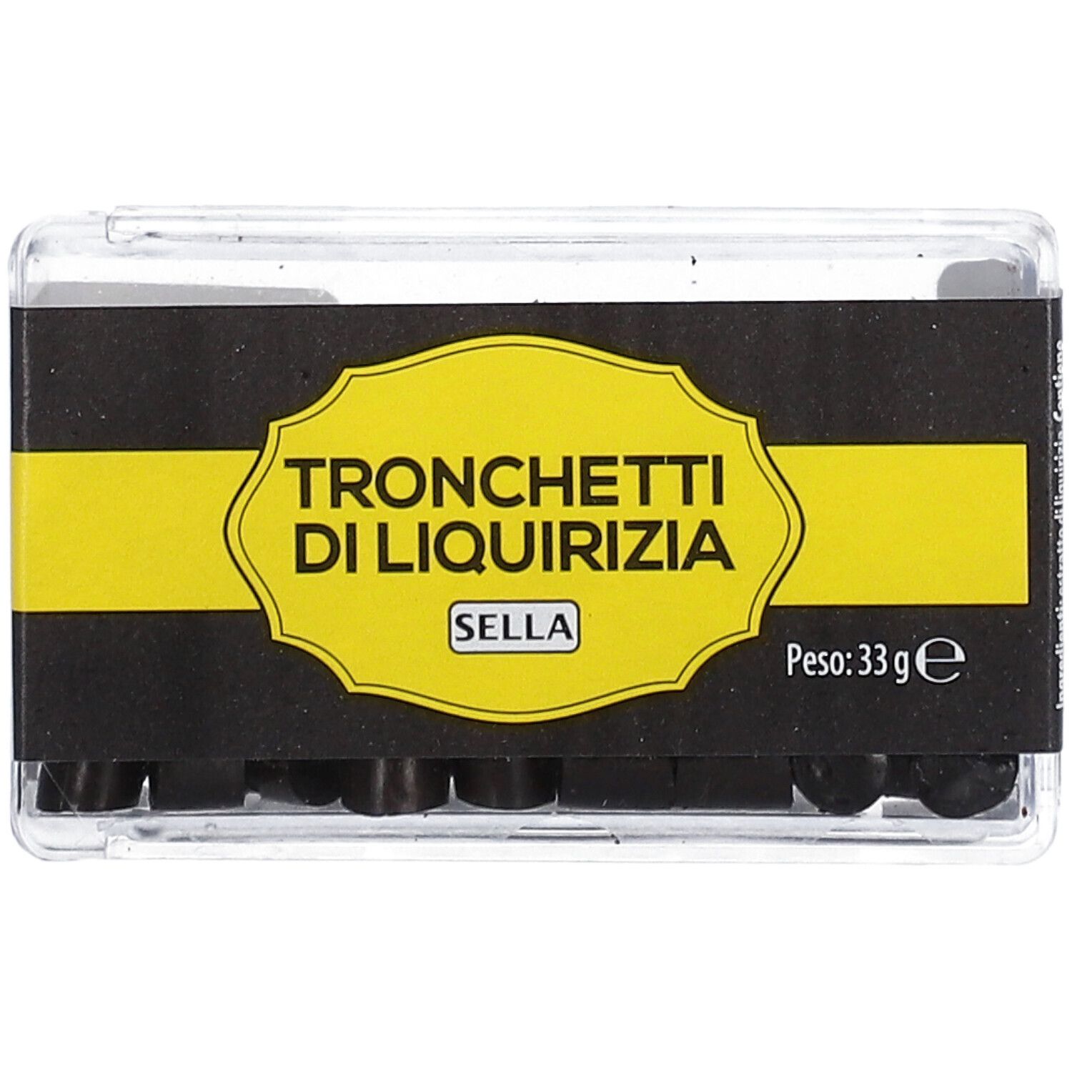 Scatola trasparente con Tronchetti di Liquirizia neri. Etichetta gialla con testo e marchio Sella. Peso: 33g. Vista del prodotto.