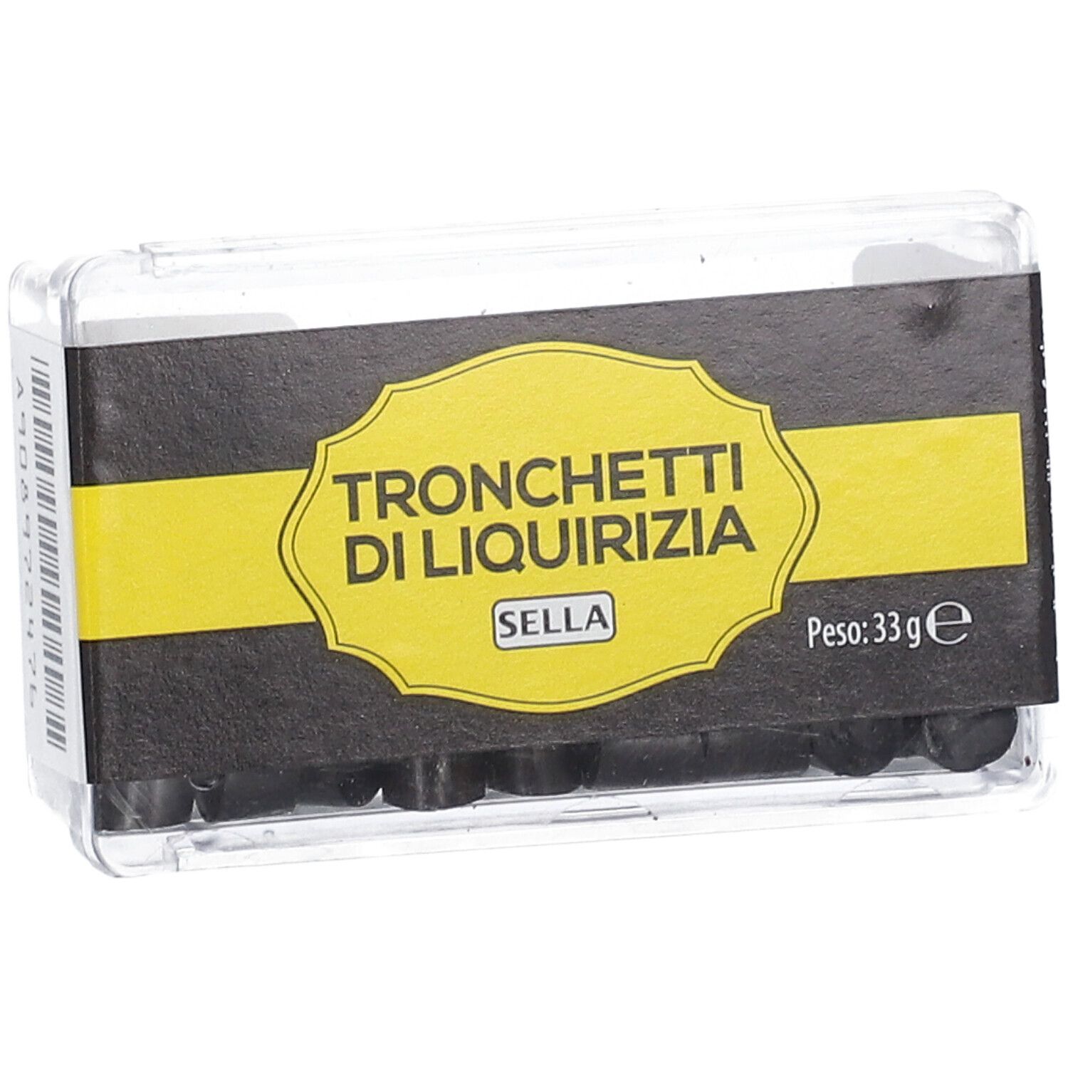 Scatola trasparente con Tronchetti di Liquirizia neri. Etichetta gialla con testo e marchio Sella. Peso: 33g. Vista obliqua.