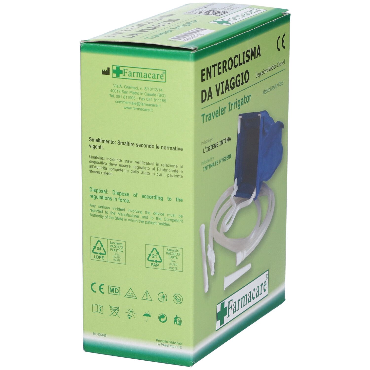 Confezione verde Enteroclisma Da Viaggio. Testo e loghi. Marchio Farmacare. Dispositivo medico.