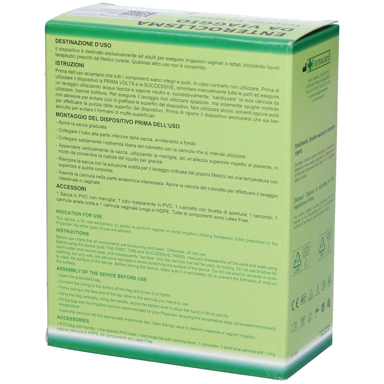 Confezione verde con testo. Istruzioni per l'uso e informazioni sul prodotto Enteroclisma Da Viaggio.