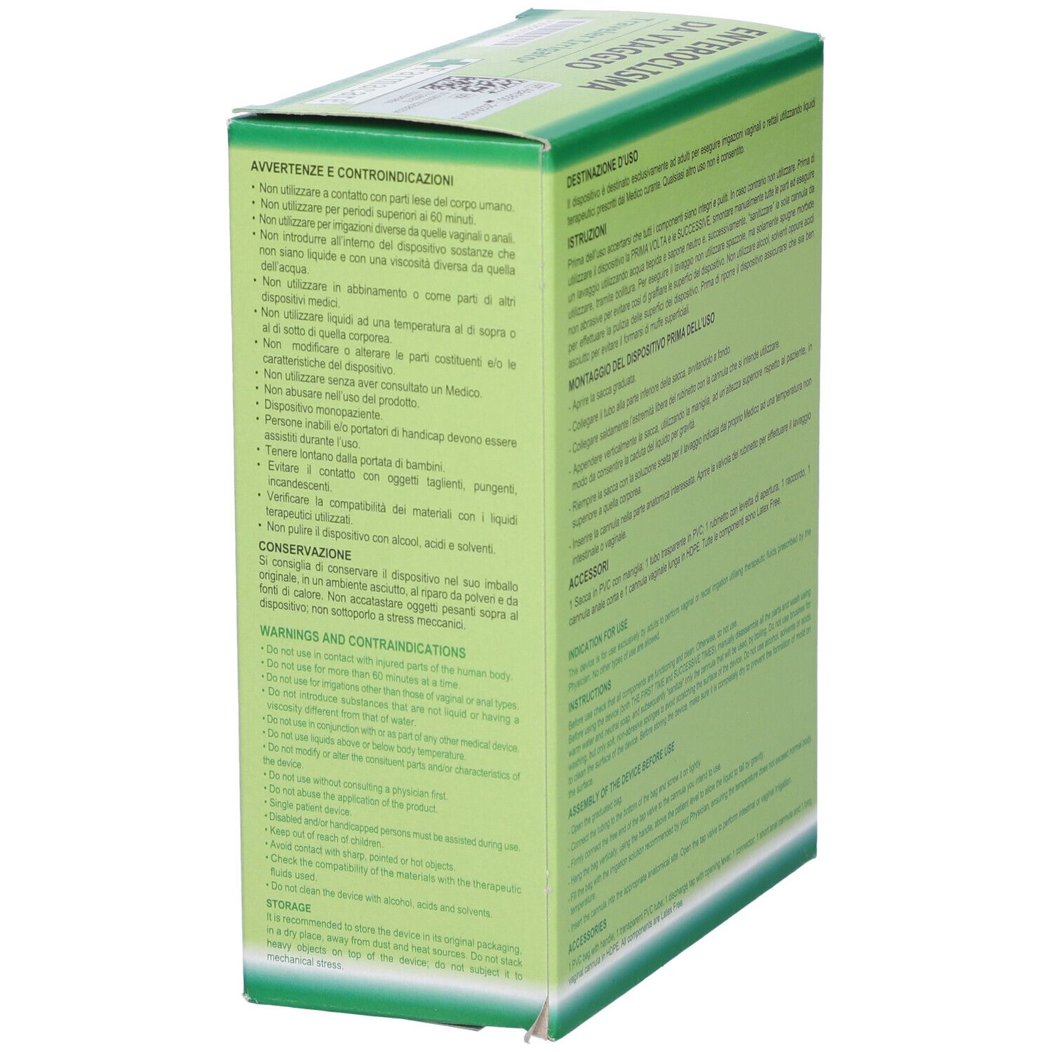 Confezione verde con testo. Avvertenze e controindicazioni per Enteroclisma Da Viaggio.