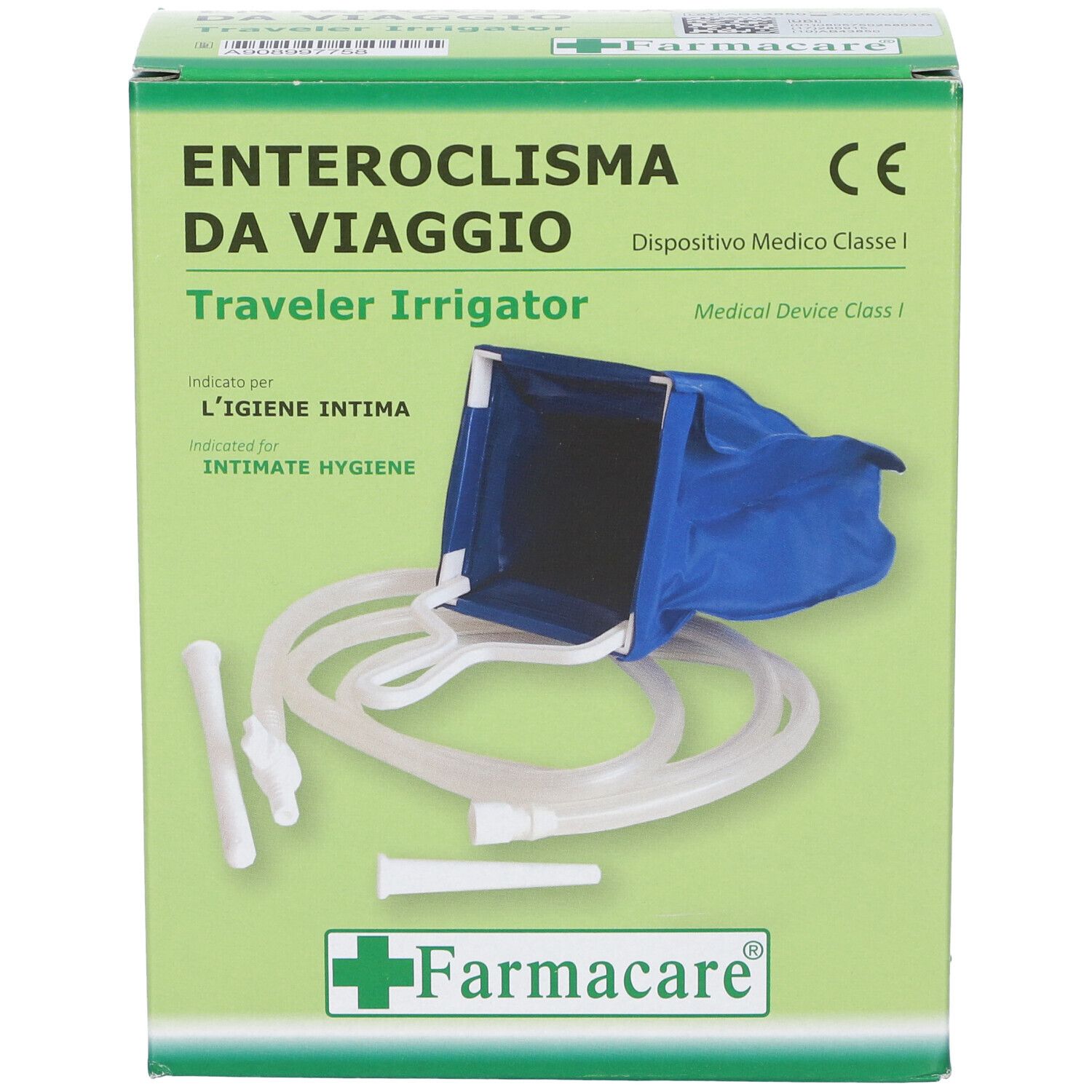 Confezione verde Enteroclisma Da Viaggio. Sacca blu, tubi e accessori. Marchio Farmacare. Dispositivo medico.