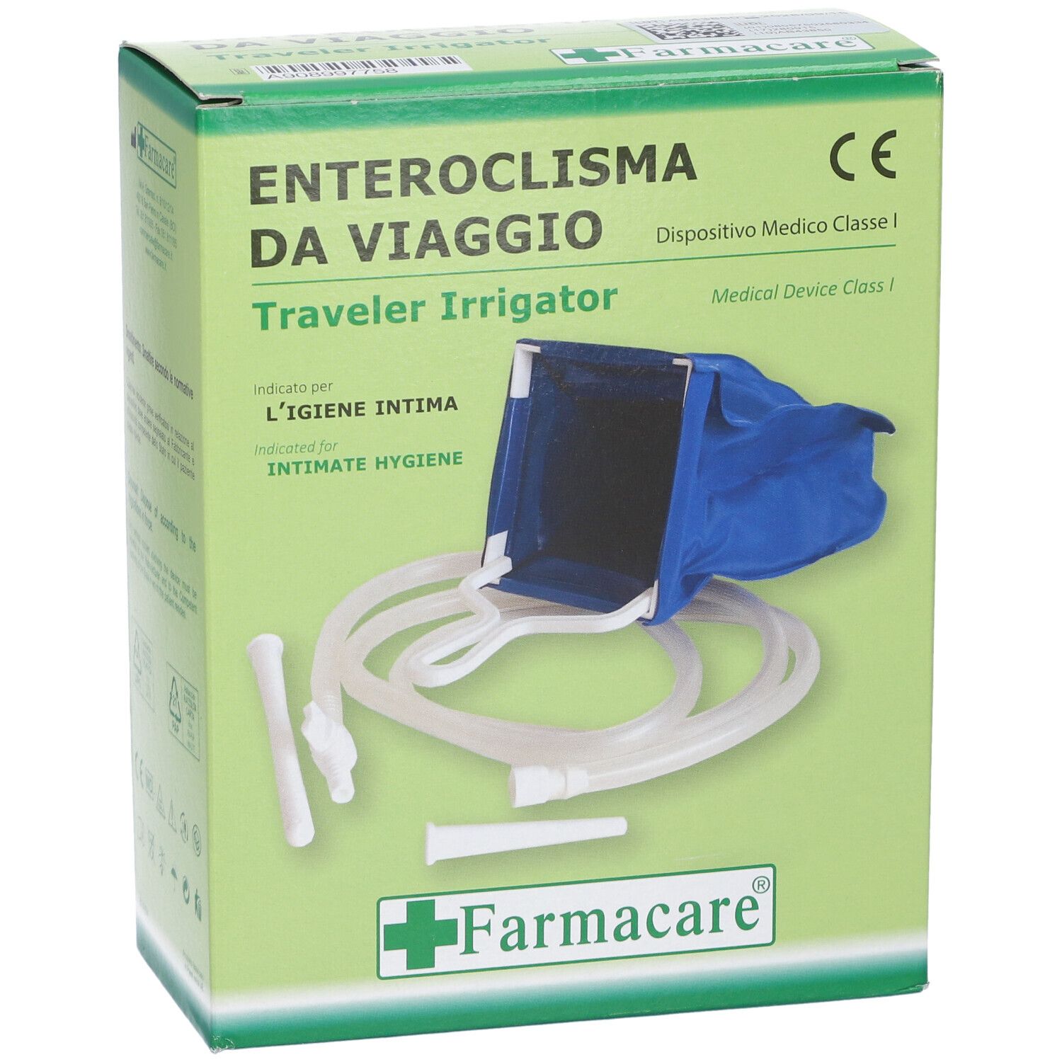 Confezione verde Enteroclisma Da Viaggio. Sacca blu, tubi e accessori. Marchio Farmacare. Dispositivo medico.