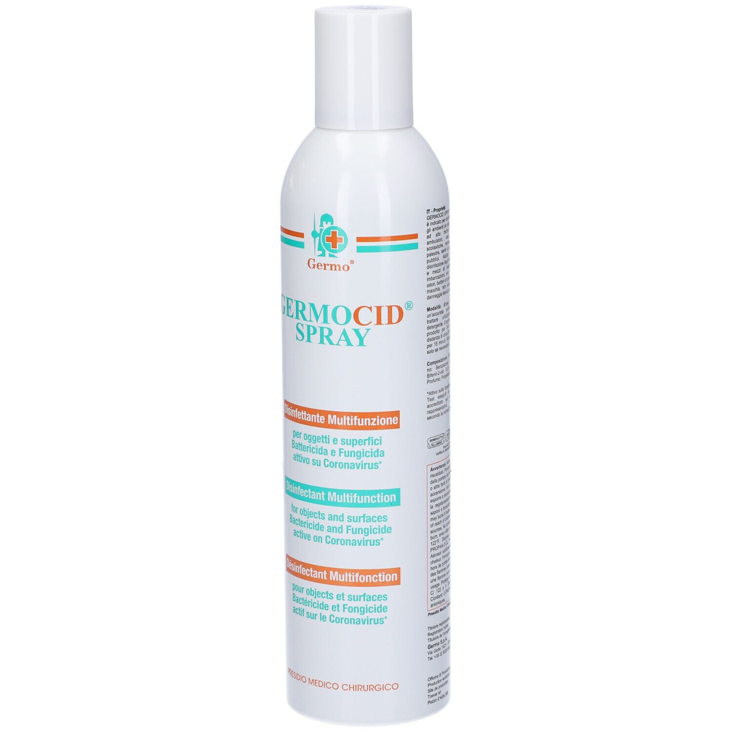 Flacone spray bianco con etichetta verde-arancione. Testo: Germocid Spray, Disinfettante Multifunzione.