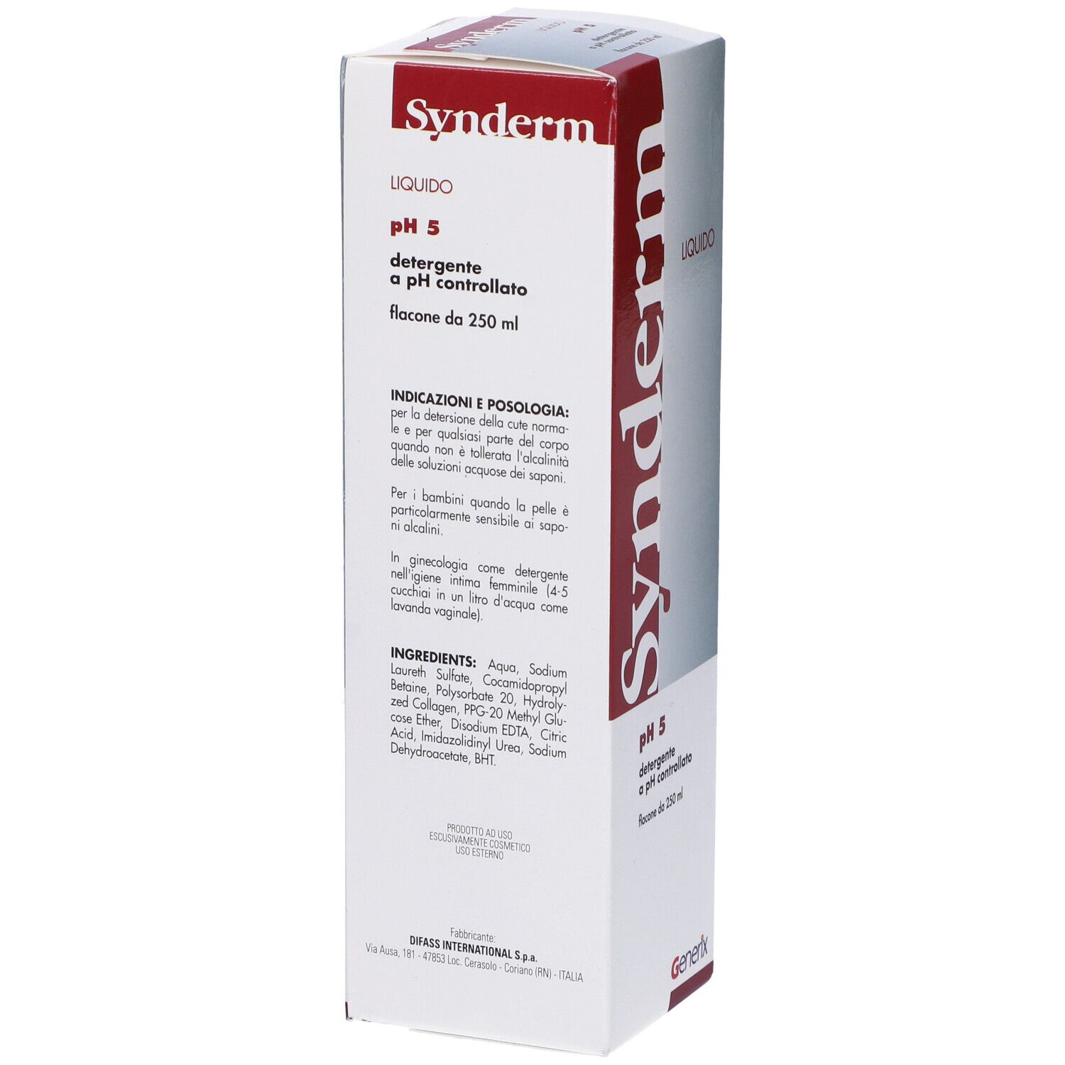 Confezione di Synderm Liquid. Testo con ingredienti e istruzioni per l'uso. Scatola rossa e bianca. Logo Generix.