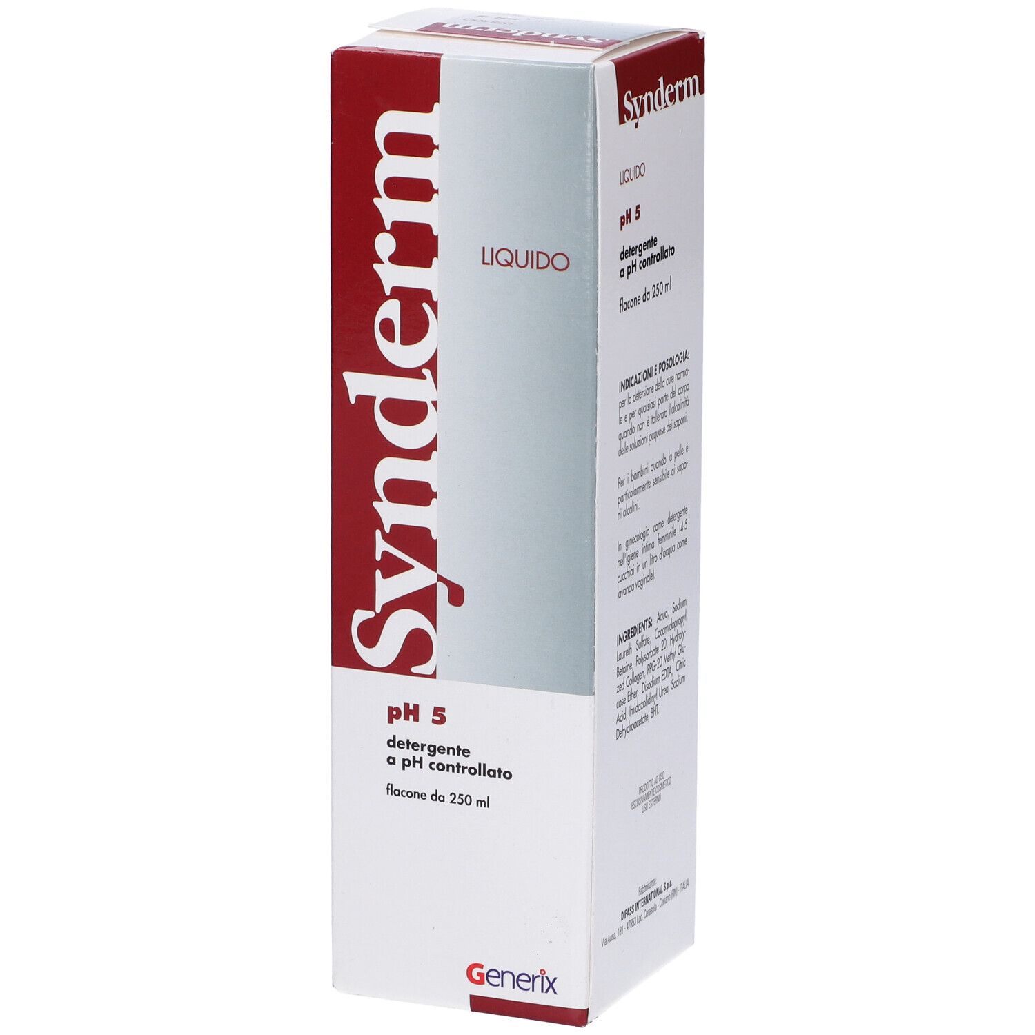 Confezione di Synderm Liquid. Scatola rossa e bianca con nome del prodotto e indicazione del pH. Logo Generix in basso.