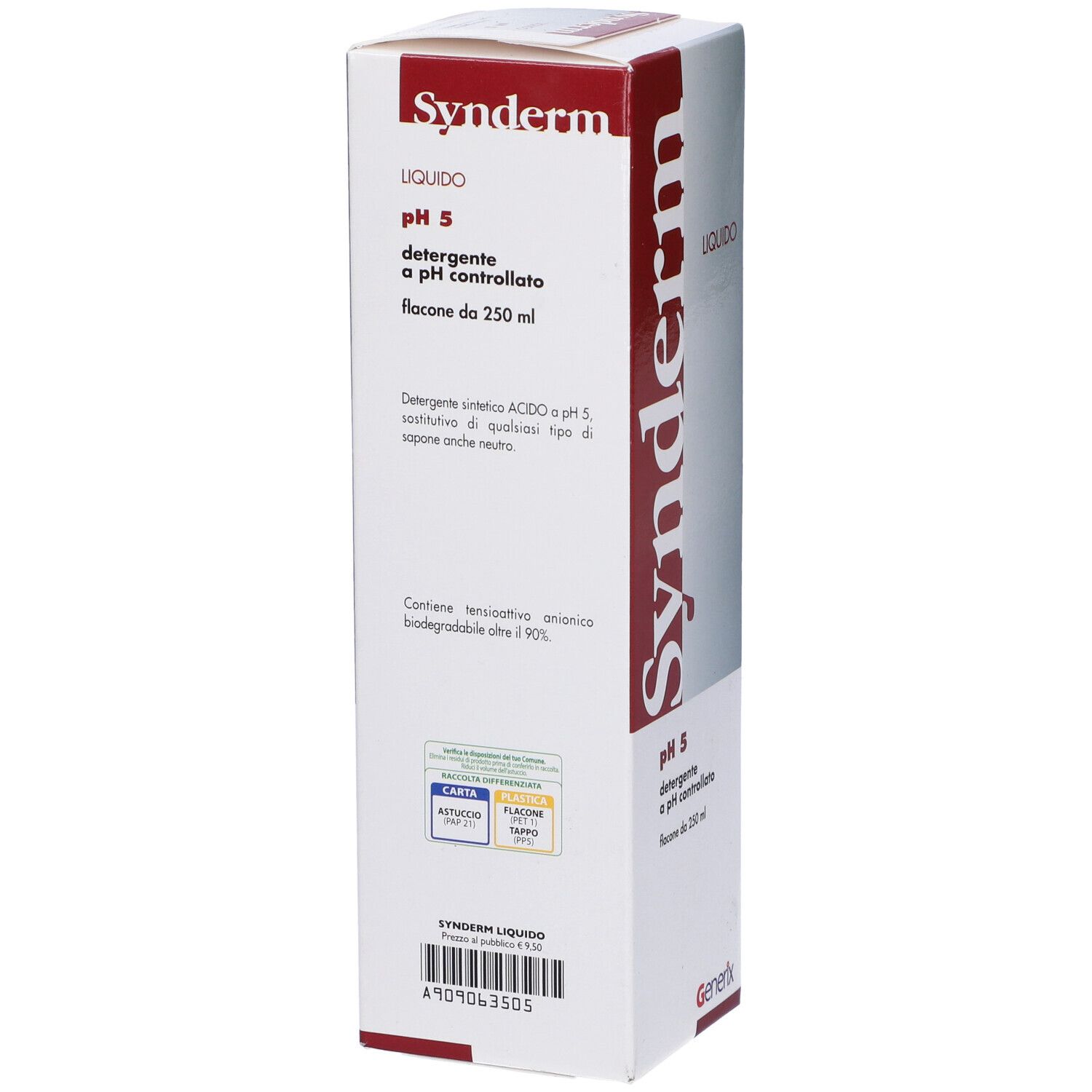 Confezione di Synderm Liquid. Testo con ingredienti e istruzioni per l'uso. Scatola rossa e bianca. Logo Generix.