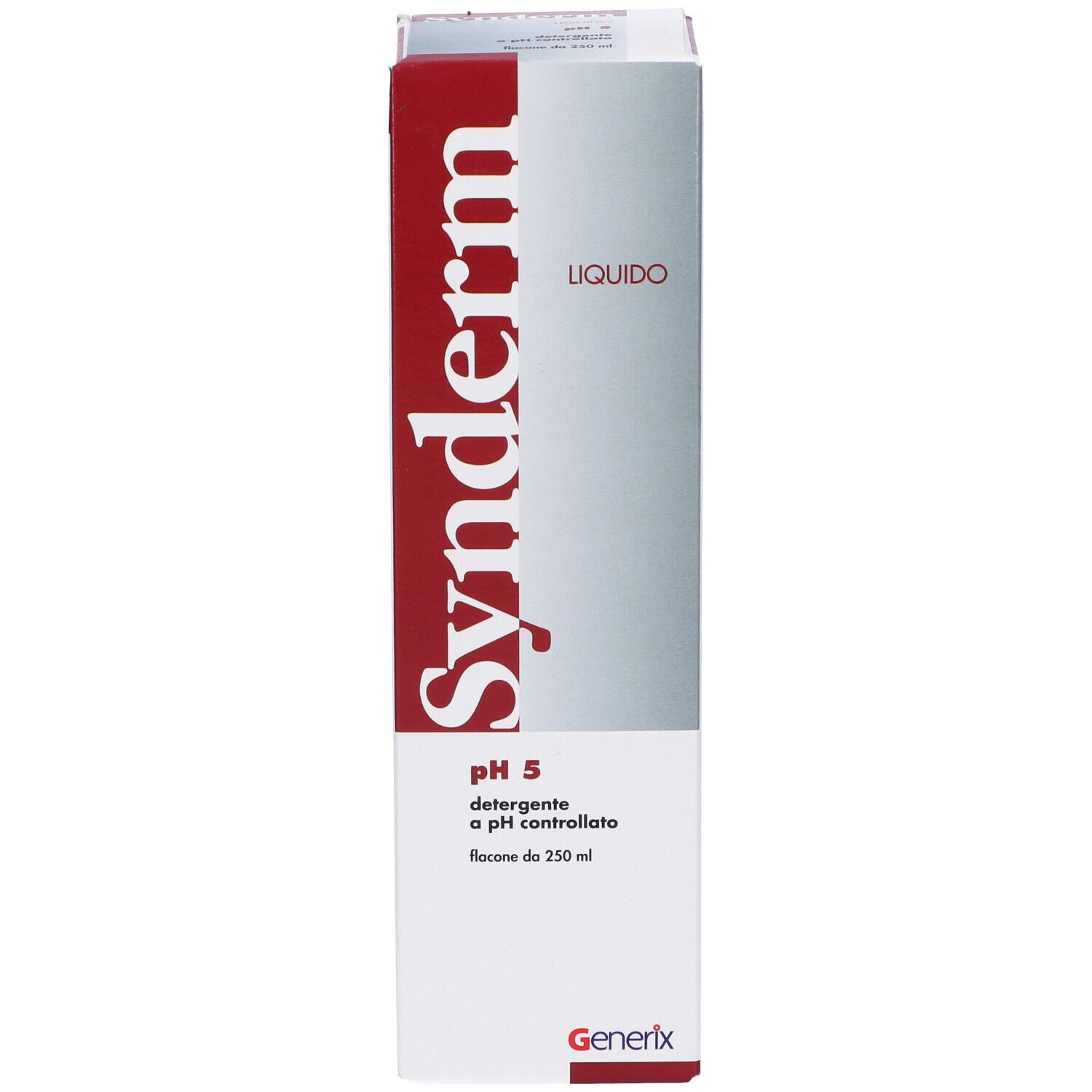 Confezione di Synderm Liquid. Scatola rossa e bianca con nome del prodotto e indicazione del pH. Logo Generix in basso.