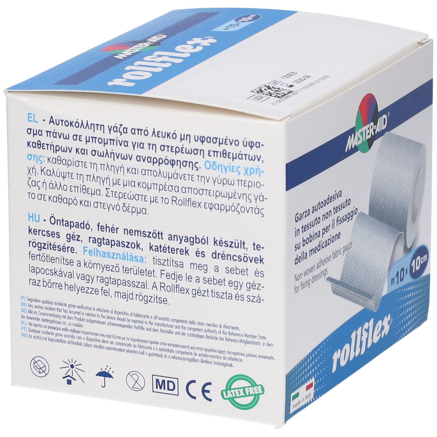 Confezione di Master-Aid Rollflex. Contiene garza autoadesiva non tessuta in rotolo. Testo multilingue.