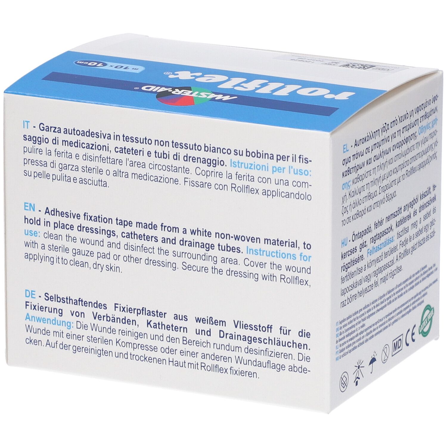 Confezione di Master-Aid Rollflex. Contiene garza autoadesiva non tessuta in rotolo. Testo multilingue.