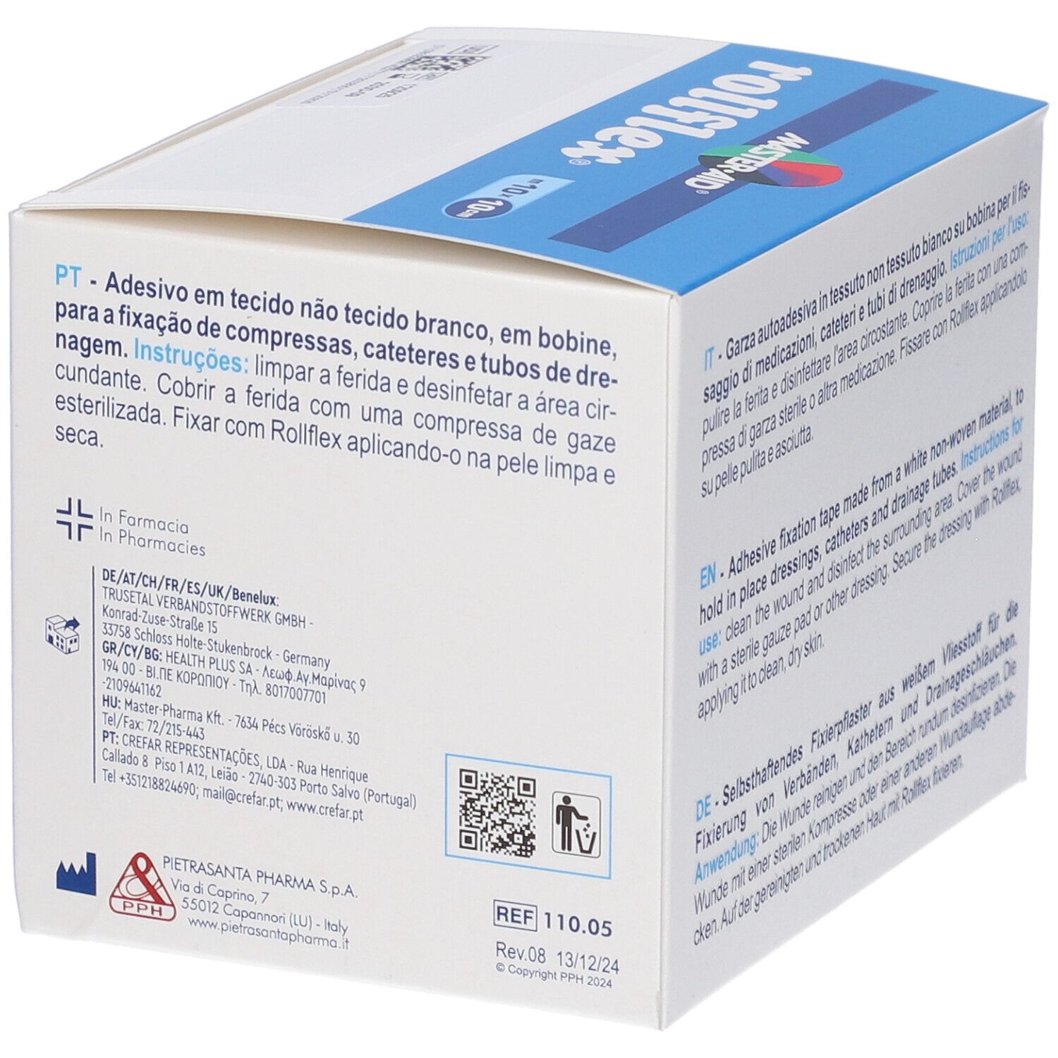 Confezione di Master-Aid Rollflex. Contiene garza autoadesiva non tessuta in rotolo. Testo multilingue.