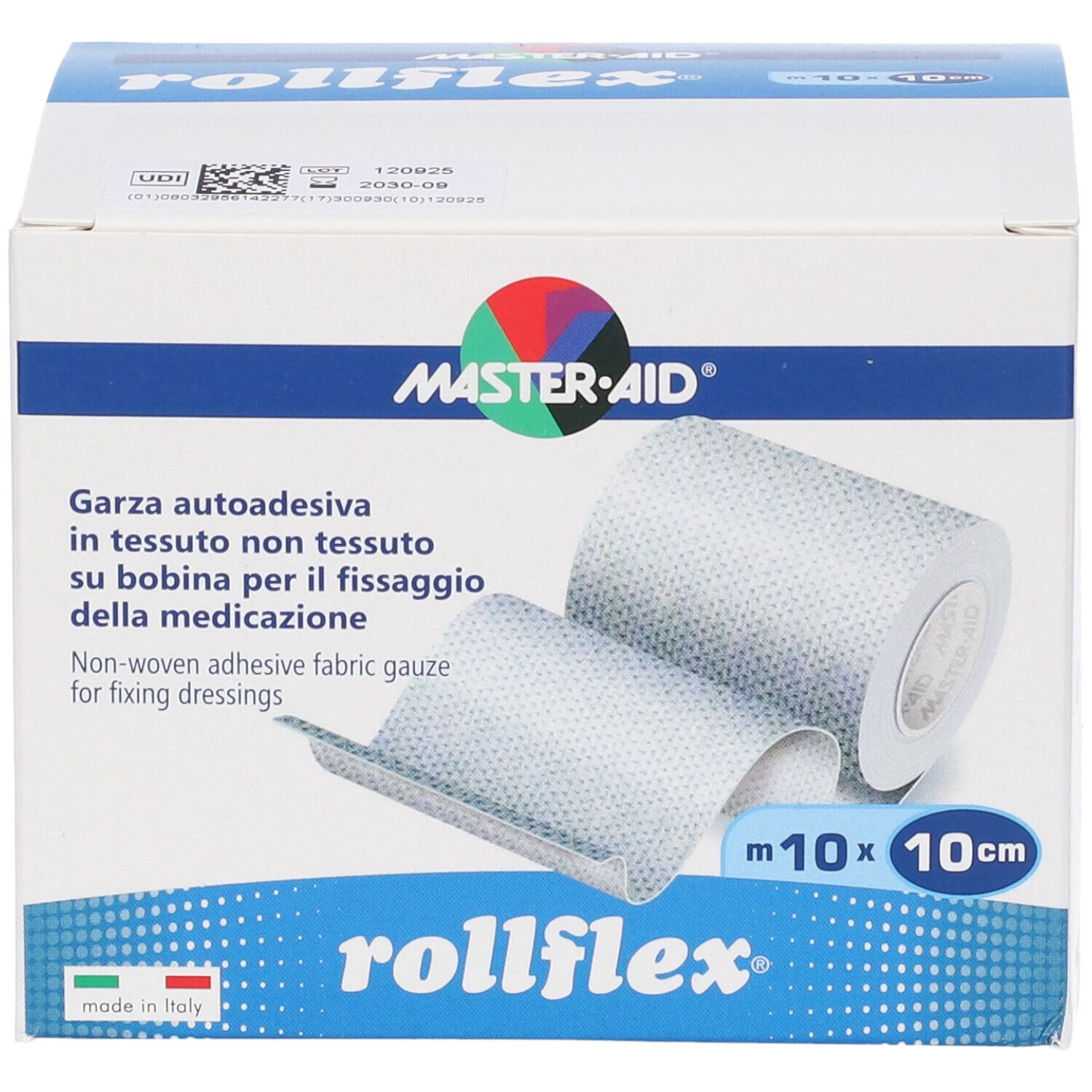 Confezione di Master-Aid Rollflex. Contiene garza autoadesiva non tessuta in rotolo. Dimensioni: 10cm x 10m.