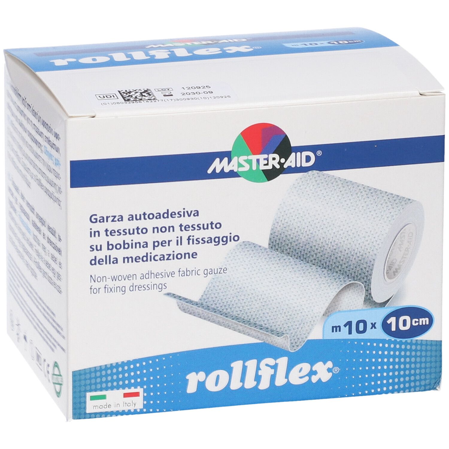 Confezione di Master-Aid Rollflex. Contiene garza autoadesiva non tessuta in rotolo. Dimensioni: 10cm x 10m.