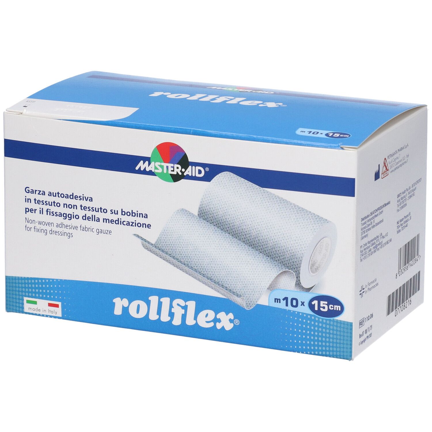 Rotolo di bendaggio Rollflex in scatola. Contiene due rotoli. Dimensioni: 10 x 15 cm. Marchio: Master-Aid.