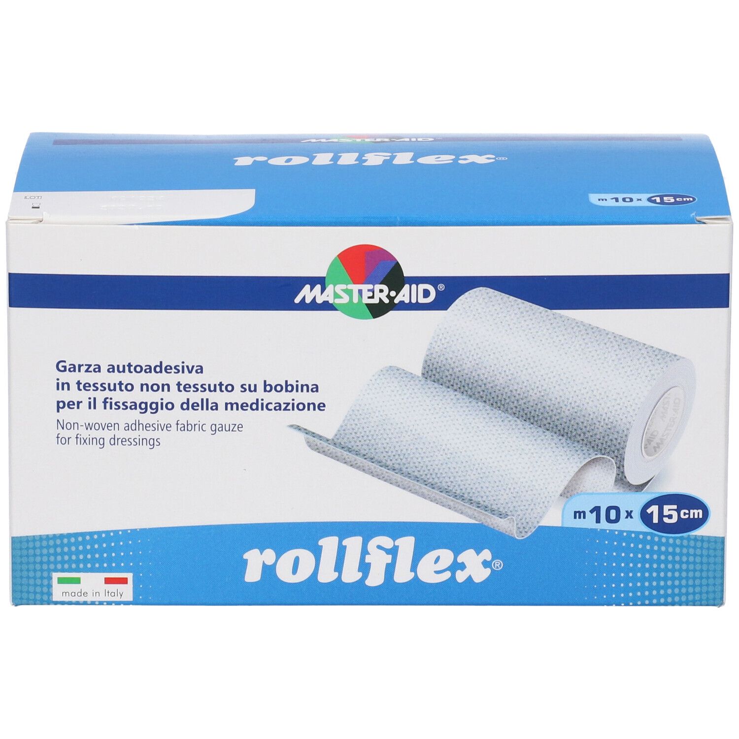 Rotolo di bendaggio Rollflex in scatola. Contiene due rotoli. Dimensioni: 10 x 15 cm. Marchio: Master-Aid.