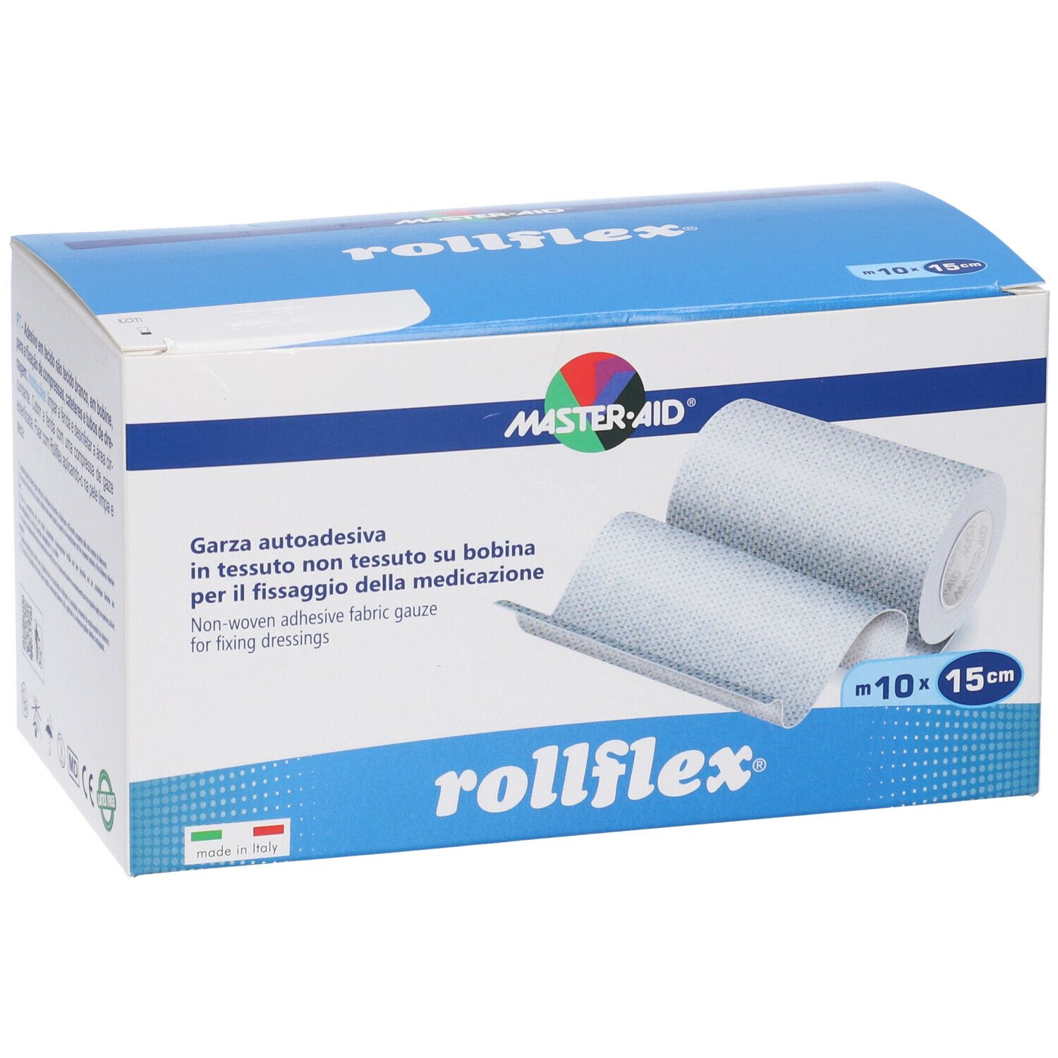 Rotolo di bendaggio Rollflex in scatola. Contiene due rotoli. Dimensioni: 10 x 15 cm. Marchio: Master-Aid.