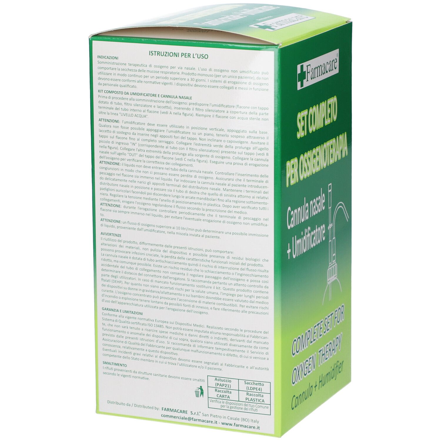 Retro della scatola verde con testo. Contiene le istruzioni per l'uso del prodotto.