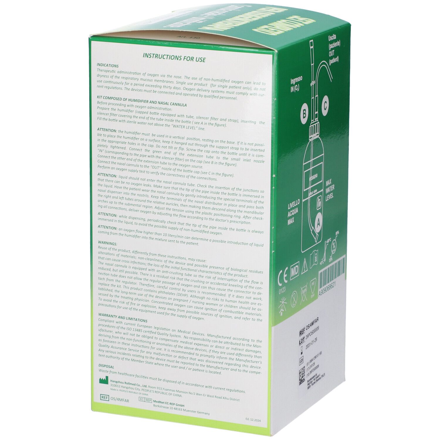 Retro della scatola verde con testo. Contiene istruzioni e informazioni sul prodotto.