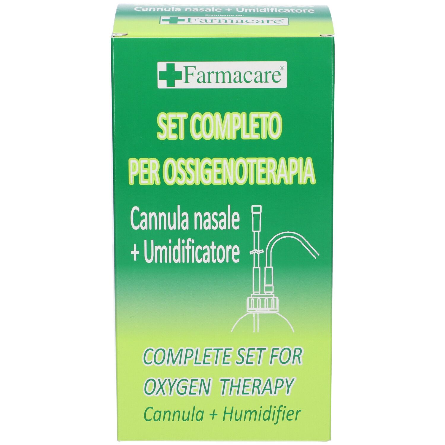 Scatola verde con logo e nome del prodotto. Contiene Set Completo per Ossigenoterapia Cannula Nasale + Umidificatore.