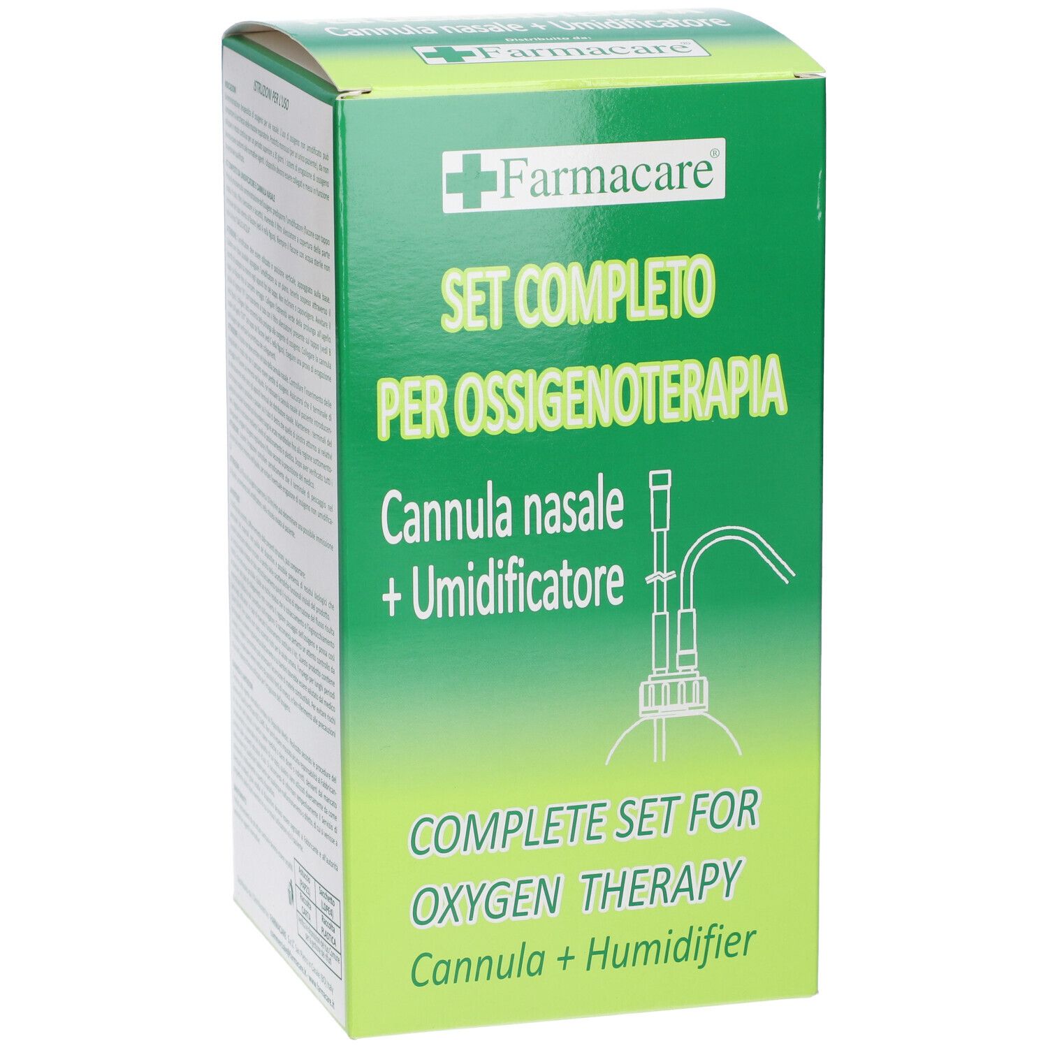 Vista obliqua della scatola verde con nome e logo del prodotto. Contiene Set Completo per Ossigenoterapia.
