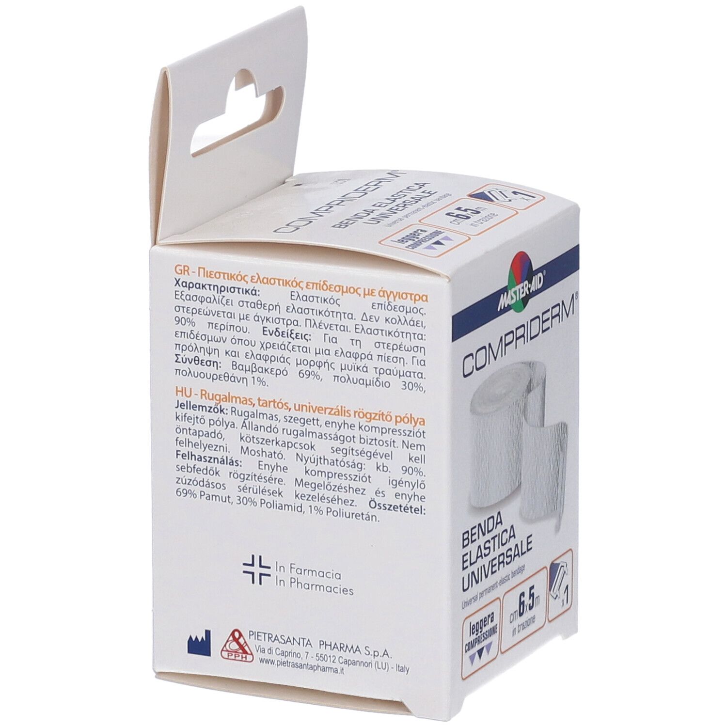 Confezione COMPRIDERM Benda Elastica. Scatola con testo in diverse lingue. Marchio MASTER•AID.