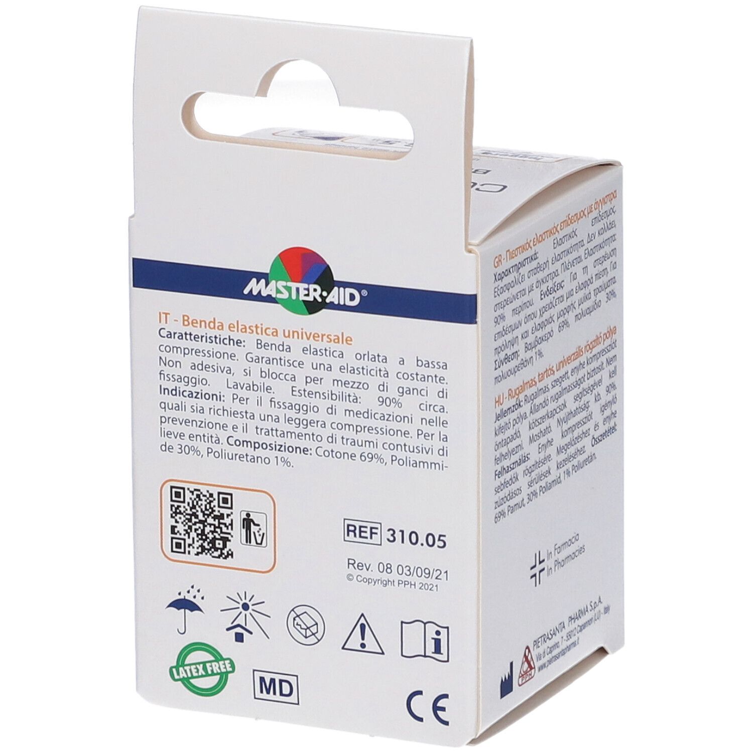 Confezione COMPRIDERM Benda Elastica. Retro della scatola con testo in diverse lingue. Marchio MASTER•AID.
