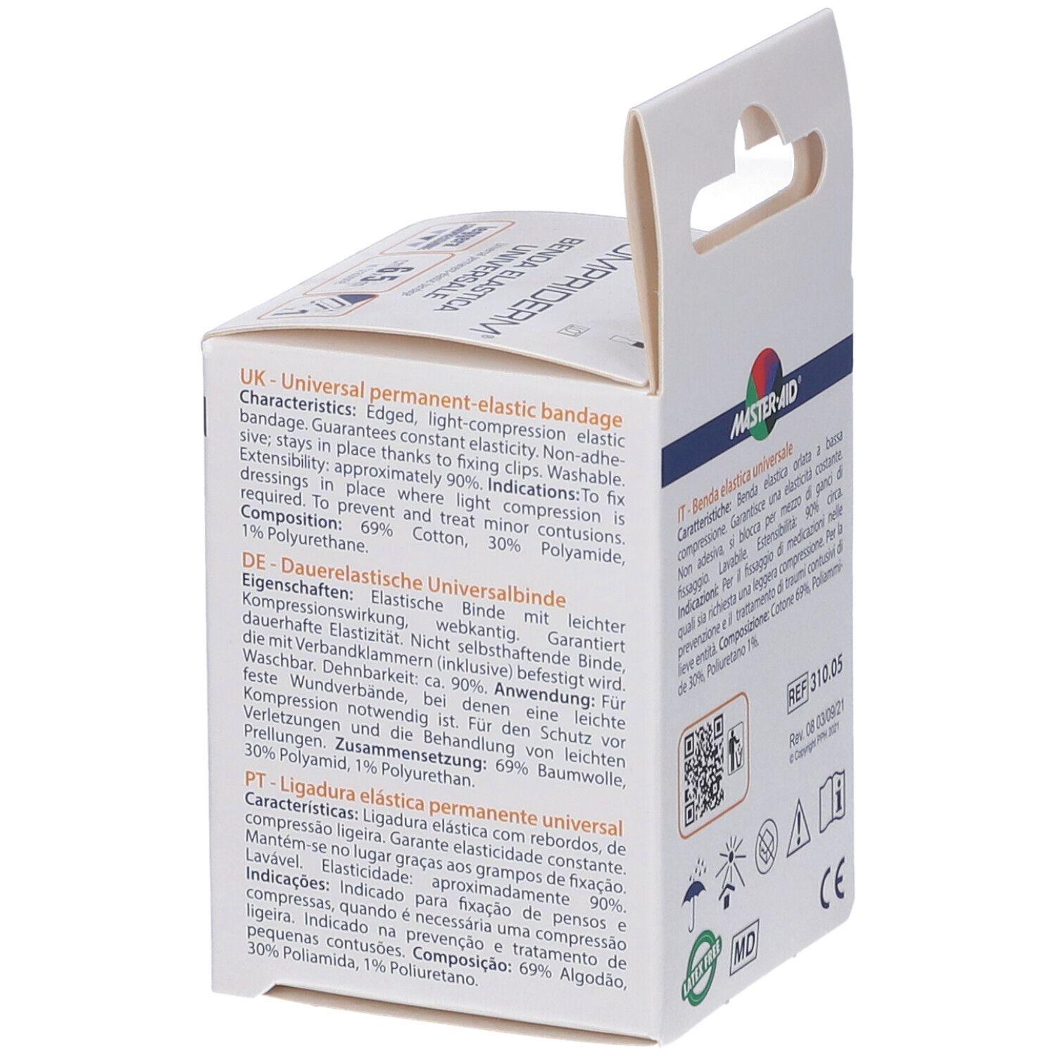 Confezione di COMPRIDERM Benda Elastica. Scatola bianca con immagine e testo del prodotto. Marchio MASTER•AID.