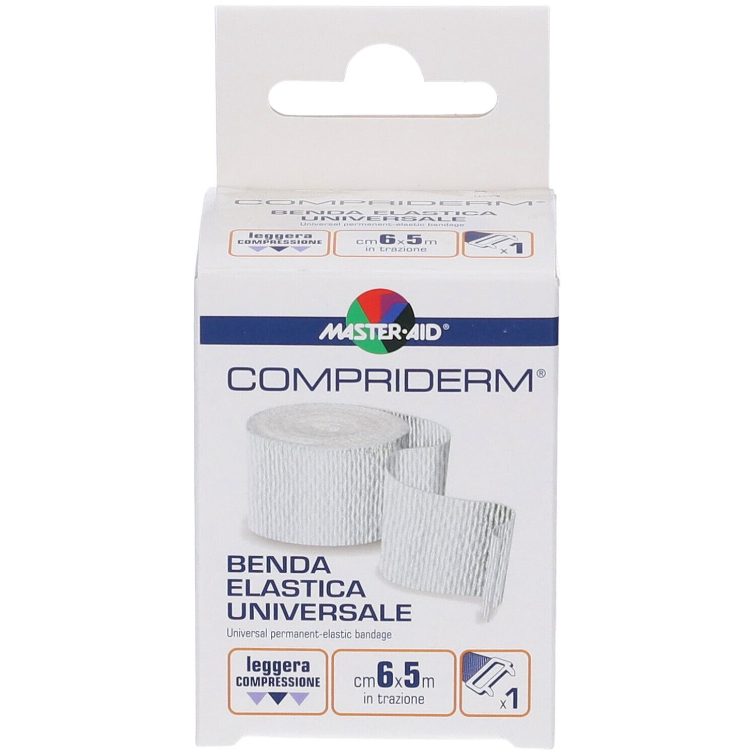 Confezione di COMPRIDERM Benda Elastica. Scatola bianca con immagine e testo del prodotto. Marchio MASTER•AID.