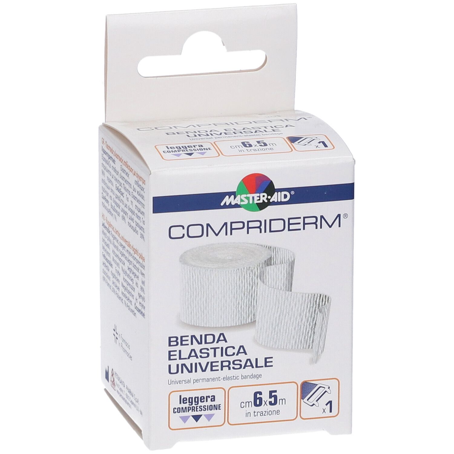Confezione di COMPRIDERM Benda Elastica. Scatola bianca con immagine e testo del prodotto. Marchio MASTER•AID.