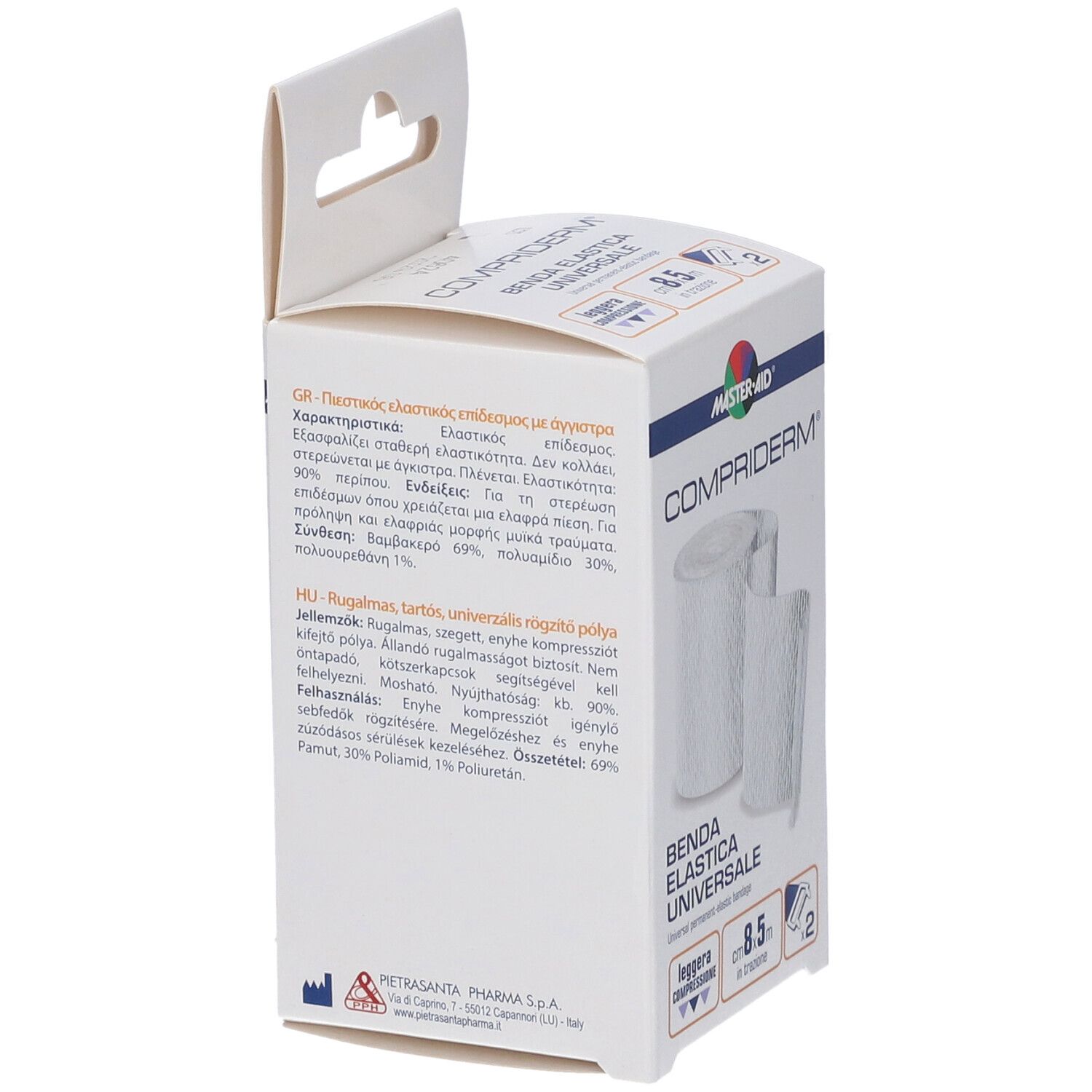 Confezione di Compriderm Benda elastica. Testo in greco e ungherese. Informazioni sul prodotto.